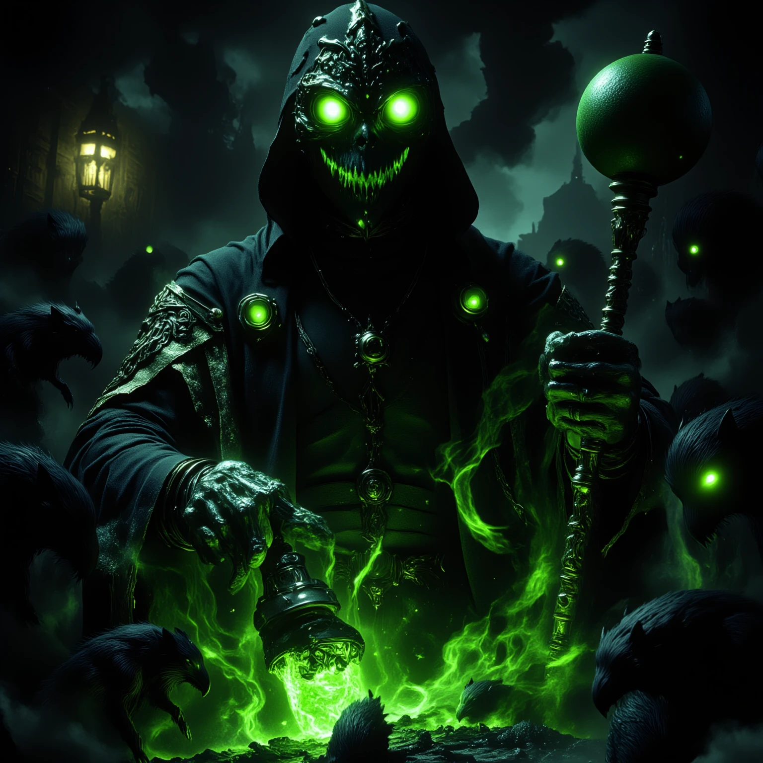 A tall and menacing looking man, holding a magic wand. A strange smile on his face, and the presence of monsters around him. Behind him is the dark and shadowy scene of the cave.

