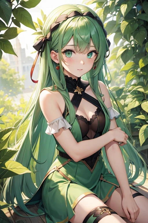high details, best quality, 16k, [ultra detailed], masterpiece, best quality, (extremely detailed), full body, ultra wide shot, photorealistic, fantasy art, dnd art, rpg art, realistic art, an ultra wide picture of a exotic, exquisite beautiful woman wearing ((black Cheongsam with lively vivid flowers, the flowers grow from the Cheongsam to be alive : 1.5), she wears, (knee high laces heel boots: 1.2), (light green hair: 1.2), long hair, wavy hair, pale skin, (deep blue eyes, Intense gaze: 1.2), fantasy druid grove background, dynamic background, high details, best quality, highres, ultra wide angle, GlowingRunes_purple,