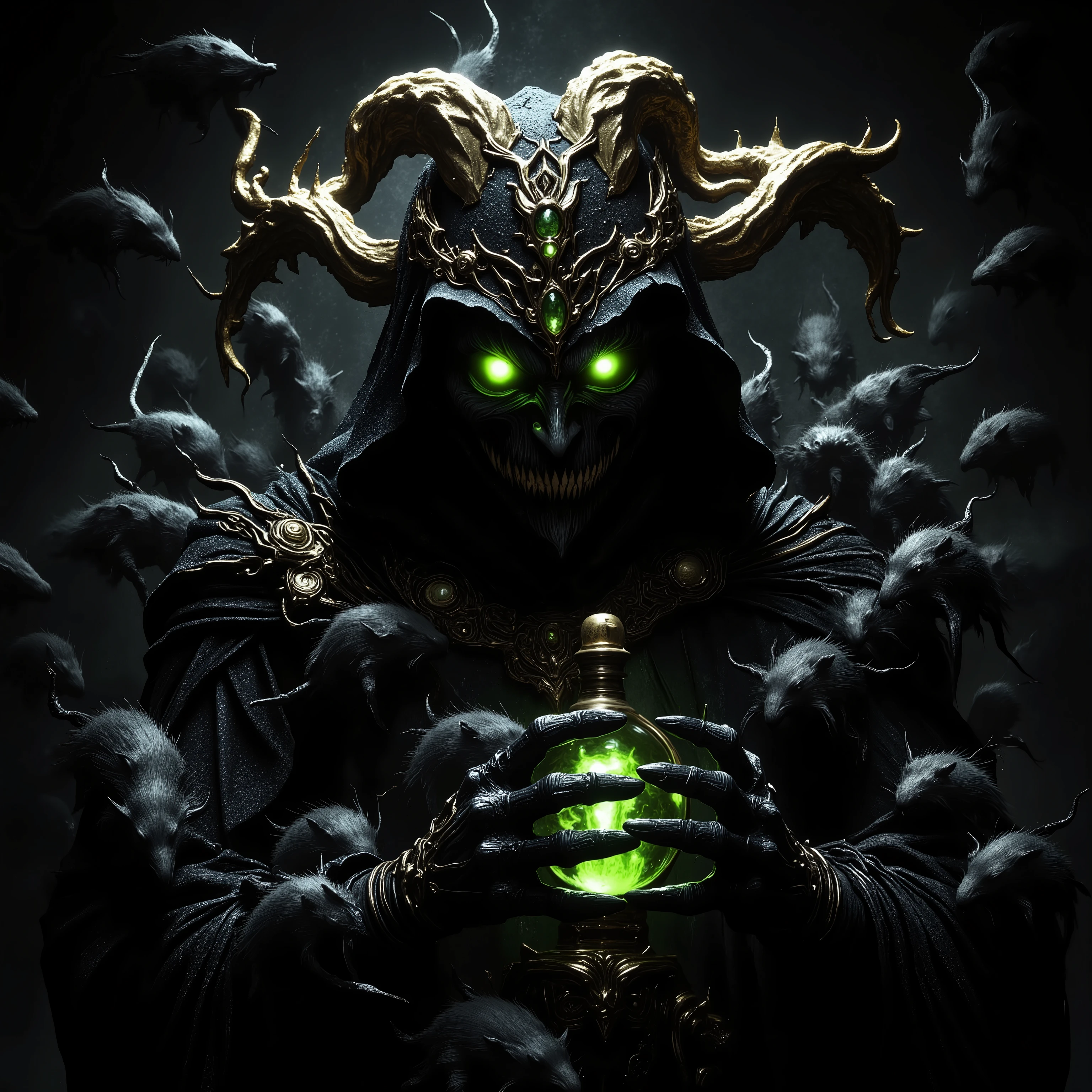 Medium size plague doctor, black plague doctor costume, plague bird mask , fancy and scary, he wearing lime potion, to many black rats, fantastic, sci fi, night street, mediaval, mystery, light green gloving eyes, fancy costume