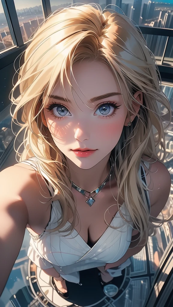 Amazing portrait of a 18 year old-blonde beauty, pale blue eyes, sexy woman her blonde hair long and wavy, seductively gazing, and soft lips,, ((very long hair)), {{Azure eyes}}, makeup, beautiful, high definition, masterpiece, best quality, high detail, high detailed eyes, grain filter, Detailed lips, high resolution, (perfect anatomy), perfect hands, perfect face, perfect eyes, chin, perfect face, cleavage, black tank top, Denim cropped jacket, 2d illustration, anime, a painting portrait in fine arts, in manhwa style, (cinematic lighting, perfect lighting), (cinematic angle), (vivid colors), very detailed. very high resolution, sunset, realism, farm, 1980s western setting