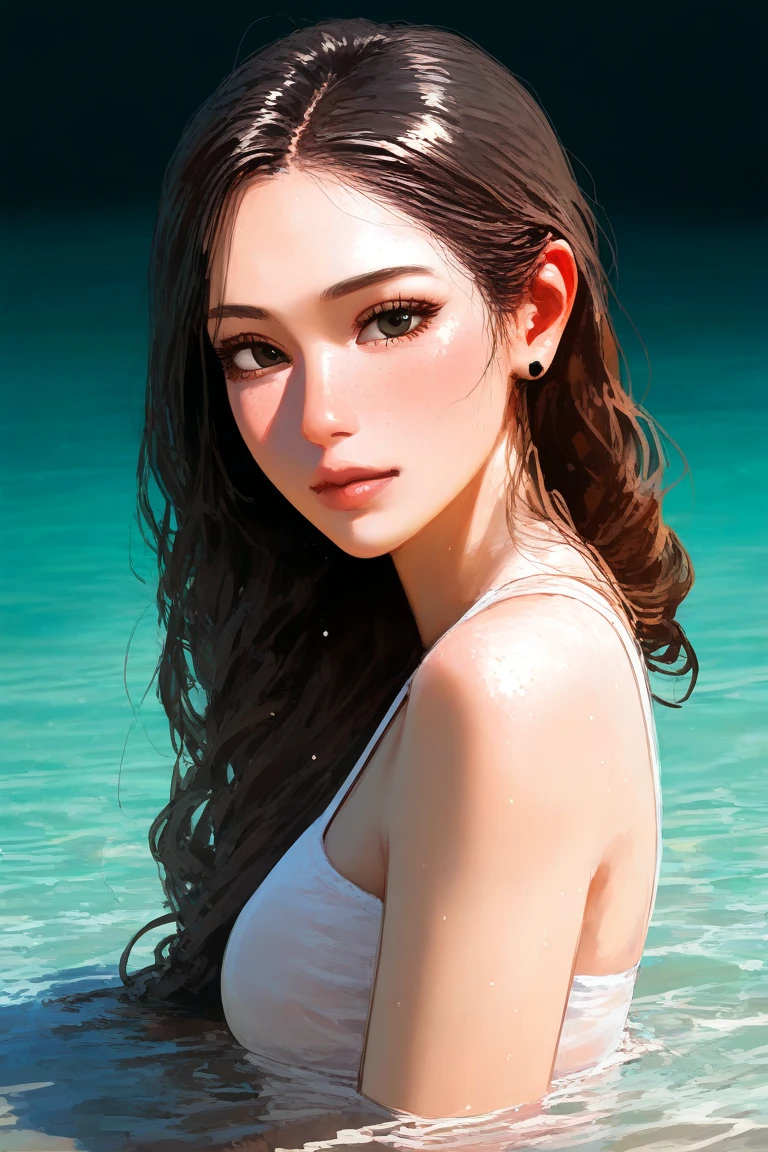 A cute girl lies on her stomach on a surfboard and floats in the waves、Detailed depiction of the face、Short Hair、Ocean、Realistic、Highest quality、