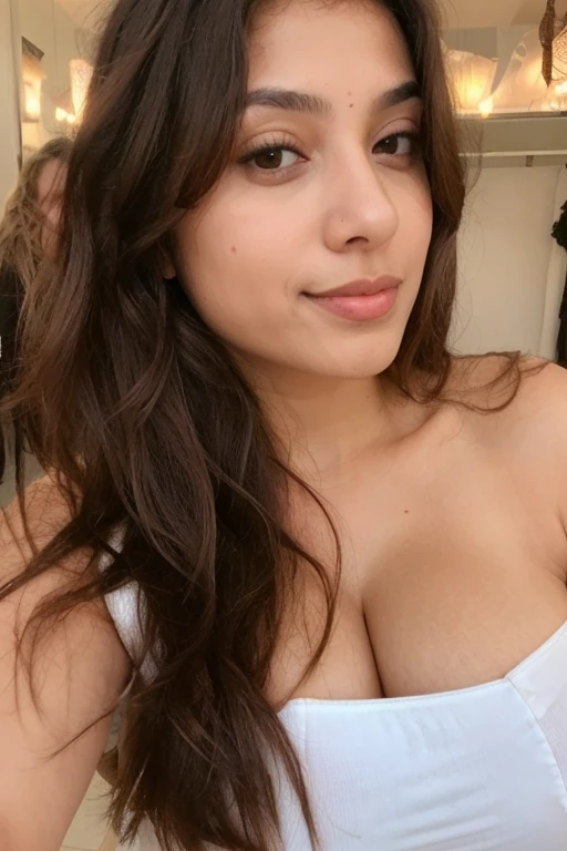 A 23-year-old brunette woman, ((pechos grandes)), ((hiperrealismo)) ,. brown curly hair with light brown roots. cabello rubio, Hair with brown roots, cabello extra largo, cabello muy largo, really long hair, Beautiful, Front view, selfie, photo taken with iPhone, naked on bed with male penis inside