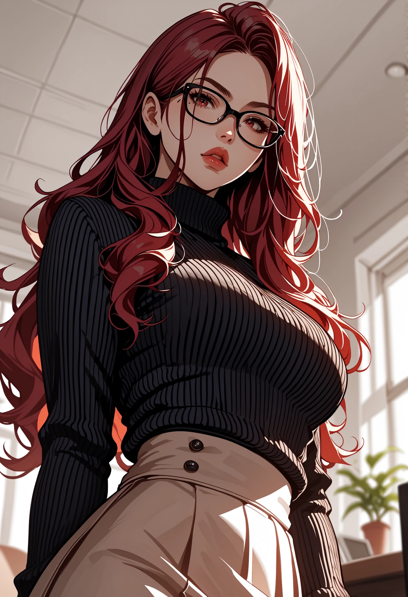 1woman, black_sweater, crop_sweater, long_black_skirt, black-framed_eyewear, very_long_hair, crimson_hair, solo, solo_focus, cleavage, looking_at_viewer, glasses, indoors, lips, mole_on_breast, standing, studio, blurry_background, foreshadowing, 8K, high_quality, detail_focused, blurry_background, (Diminishing scale perspective:1.3), ((forced_perspective))