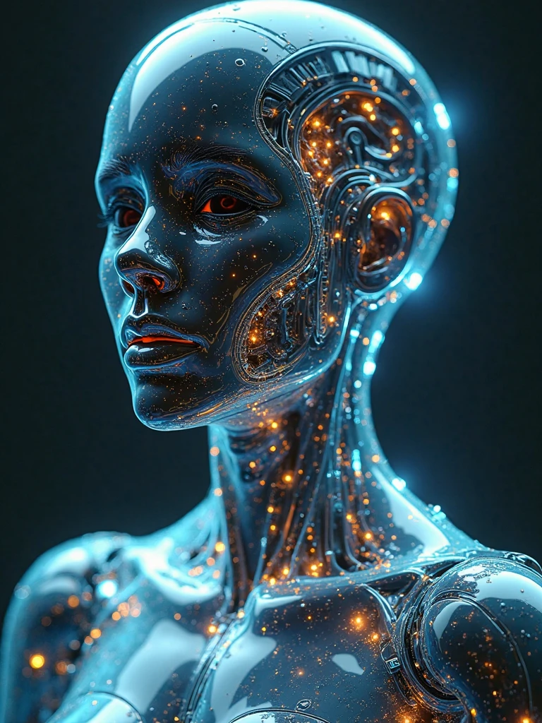 ultra-detailed, hyper-realistic female cyborg, semi-transparent skin revealing glowing internal circuits, bioluminescent elements, futuristic robotics design, iridescent surface, high contrast lighting, 8K resolution, studio-quality photo
