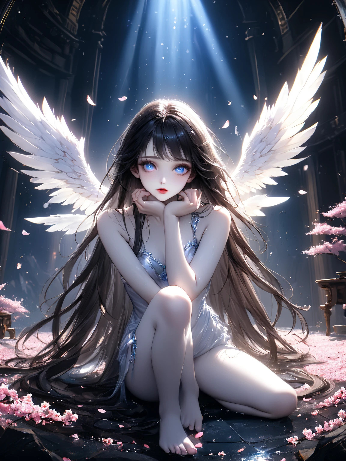Create a striking and surreal digital artwork featuring a celestial white angel, ethereally floating amidst a backdrop of swirling darkness. The angel should be depicted with grace and serenity, with her hands radiating a soft, otherworldly glow. Surrounding her, incorporate dynamic and abstract patterns resembling blood-like liquids, seamlessly blending with the dark atmosphere. The juxtaposition of the angel's purity and the mysterious blood-like elements should evoke a sense of both beauty and intensity. Focus on capturing a captivating and dramatic scene that engages the viewer's imagination and emotions