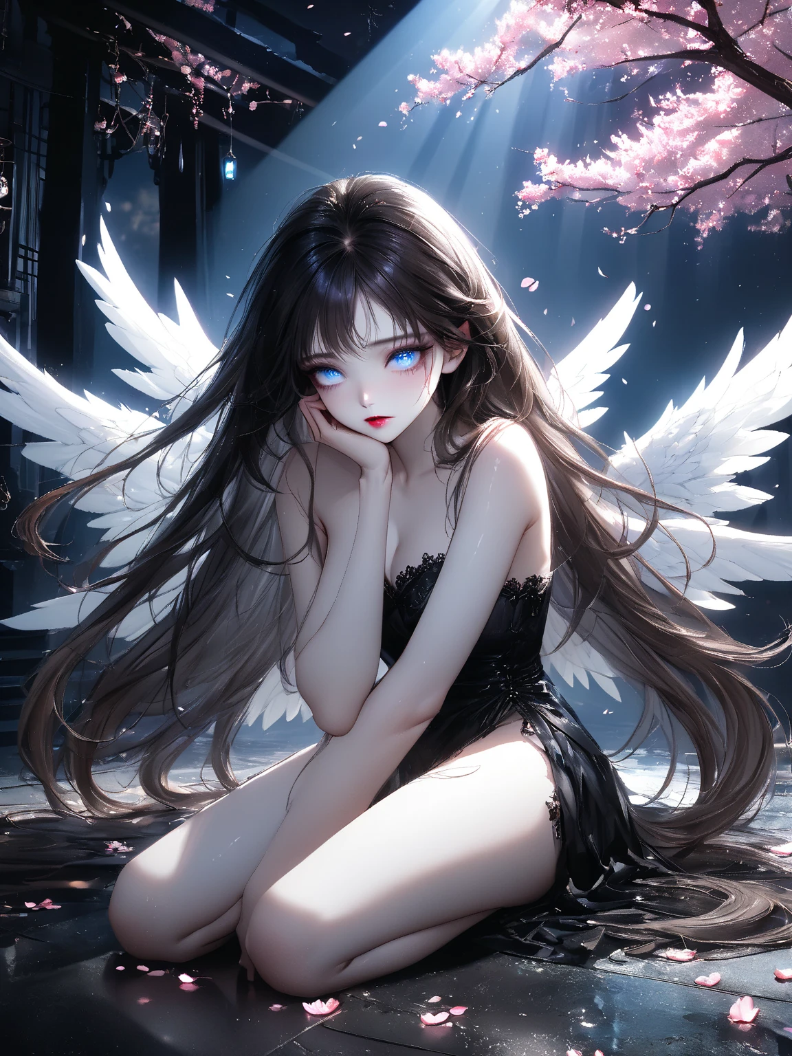 (((Masterpiece))),((top quality)),one beautiful girl,Pale, (A character that personifies an angel: 1.5), (((A strong halo shines from behind the head:1.5)))、(medieval pure white dress:1.5)))、(belly button)、(white bird wings:1.5),(plain clothes), (skin revealing),(The background is heaven 1.5).(((from the front:1.5)))、(straight front: 1.5)、(((lying half naked:1.5)))、