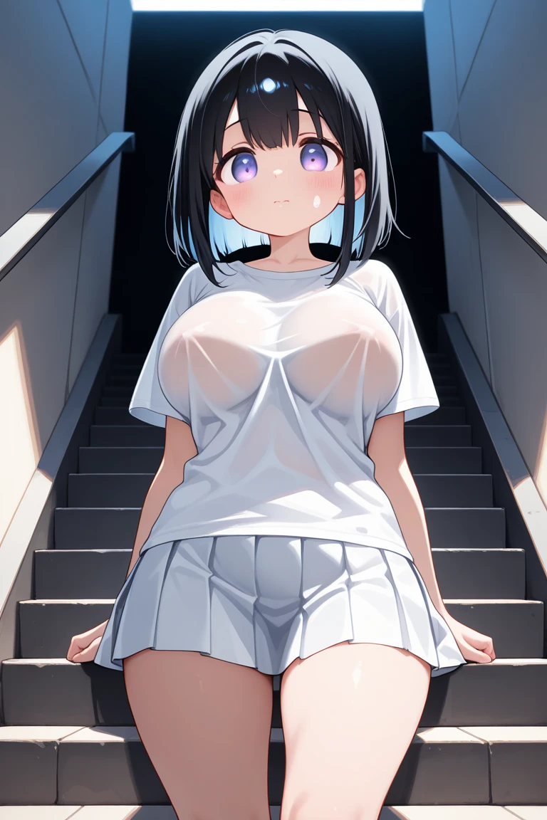 1girl, nsfw, sajouayaka, black hair, short hair, Blue eyes, , empty eyes , large breasts, nipple, Walking, , Abandoned Hospital frozen, wet, crying ,, Naked, , (1girl) Blank look