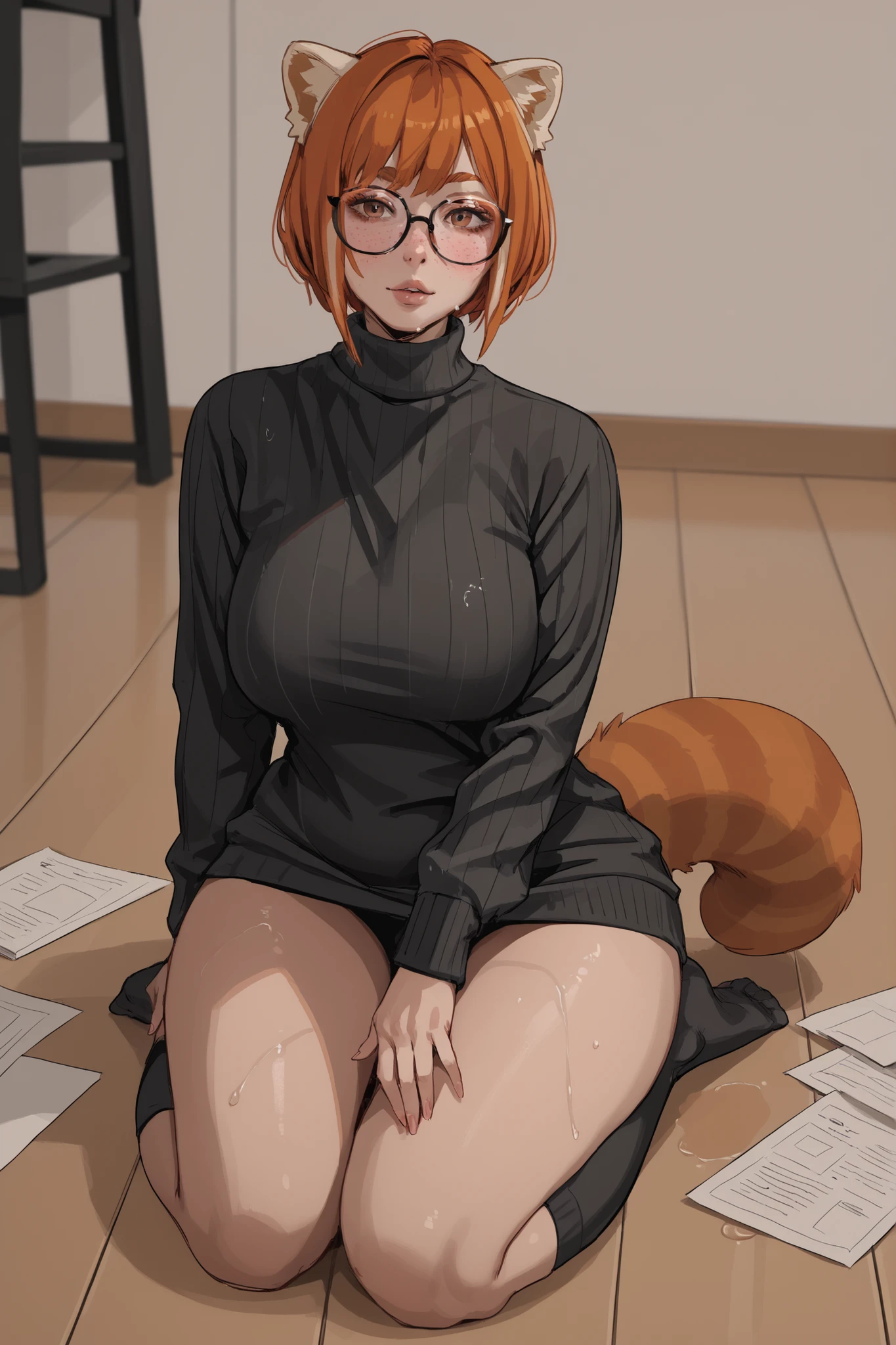 1 girl, short ginger hair, bangs, red panda ears, red panda tail, freckles on body, voluptuous, saggy body, black frame glasses, black sweater, black knee high socks, rubbing thighs together, wet between thighs, pressed lips, flushed face, office slutt, kneeling on floor, papers on floor