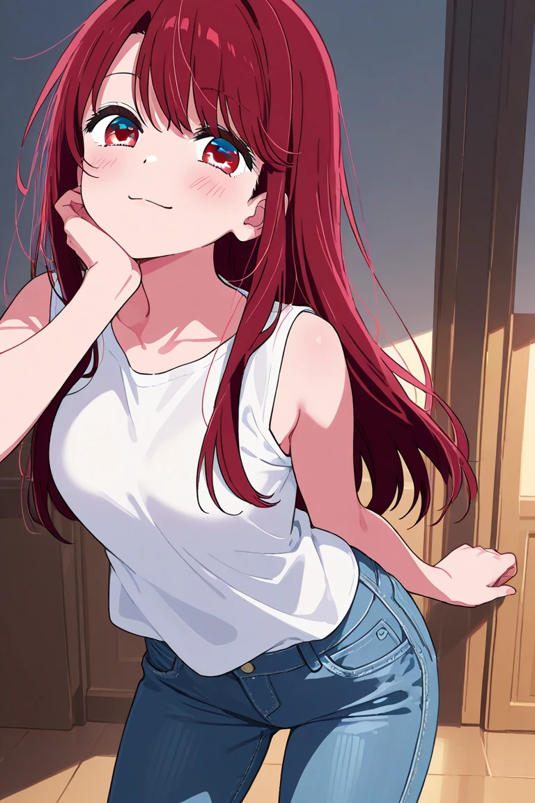 masterpiece, best quality, highres, 1girl, shirt, naked shirt, shirt tug <lora:shirt_tug:1.2> red hair, orange hair, blue eyes, long hair, blush, embarrased,