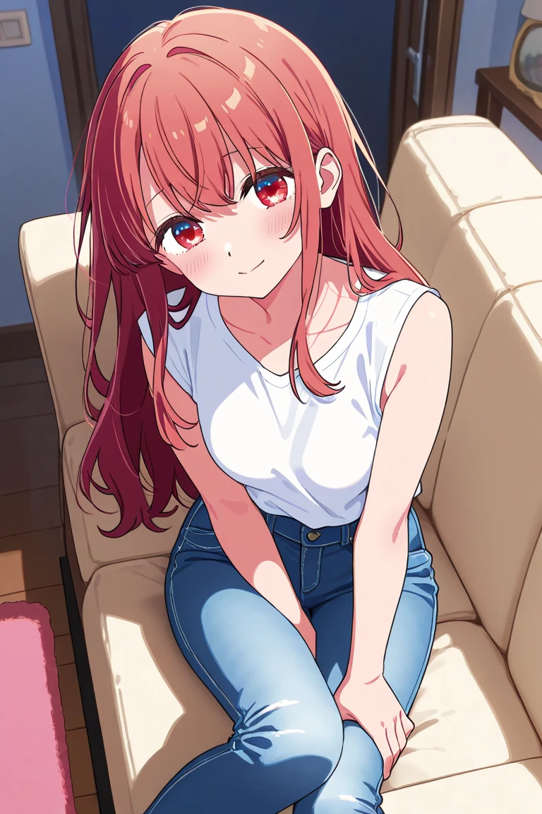 itsukinakano, itsuki nakano, bangs, blue eyes, hair between eyes, Ahoge, redhead, ponytail,big breasts,Red tank top shirt,sleepy,blush,smile,shorts,barefoot,sitting on the sofa,Holding a coffee mug in both hands,morning,morning日,ビルの間から太陽が登っている
break indoors, living,
break looking at viewer, (cowboy shot:1.5),
break (masterpiece:1.2), highest quality, High resolution, unity 8k wallpaper, (figure:0.8), (detailed and beautiful eyes:1.6), highly detailed face, perfect lighting, Very detailed CG, (perfect hands, perfect ???????),