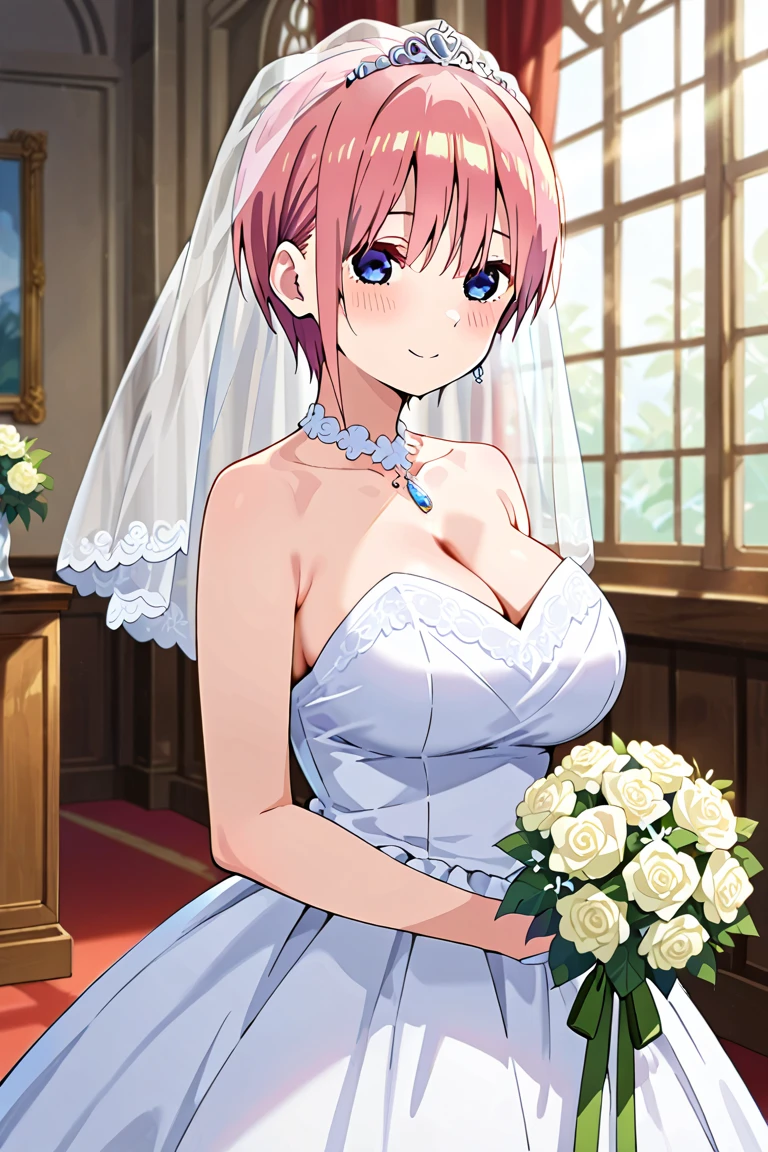(masterpiece, high resolution, clear outlines, ultra-detailed, illustration, cinemaic light effect), gotoumichiyo, 1girl, bare shoulders, collarbone, pink rose, wedding dress, bouquet, bridal veil, blush, breasts, cleavage, large_breasts, looking_at_viewer, happily smile, solo, beautiful detailed background, standing in church, <lora:gotoumichiyolora:0.7>