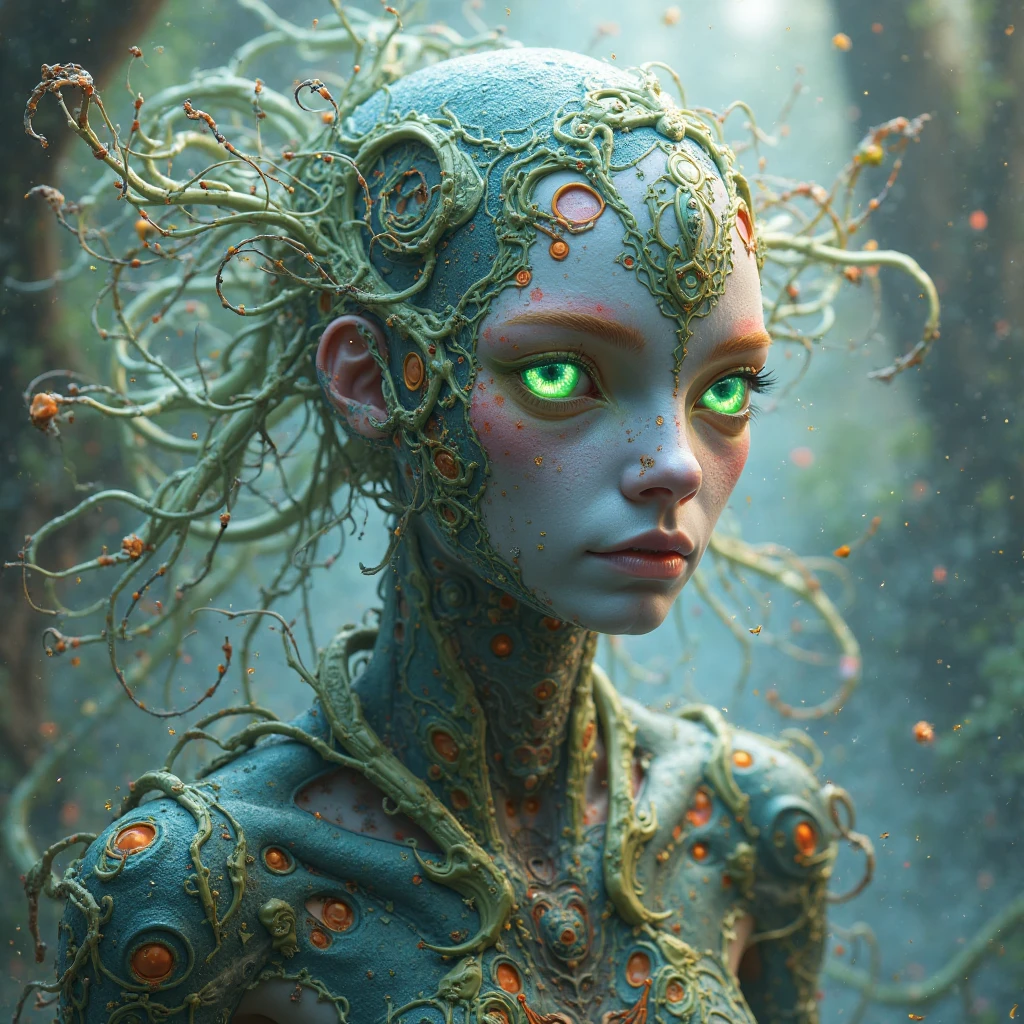 she elegant daemon android, robot, (liquid illumination:1.15),Cosmic Chlorophyll Odyssey, space travelers in green spacesuits, celestial emerald outfits, astronaut helmets reflecting green galaxies, ethereal beings with verdant energy, astral projection into emerald nebulas, constellations shaped like lush leaves.,(translucent:1.15), (cracked:0.3), mechanical parts, electrical cables, white (porcelan:0.55), synthetic, supprised face,hyperrealistic, photorealistic,