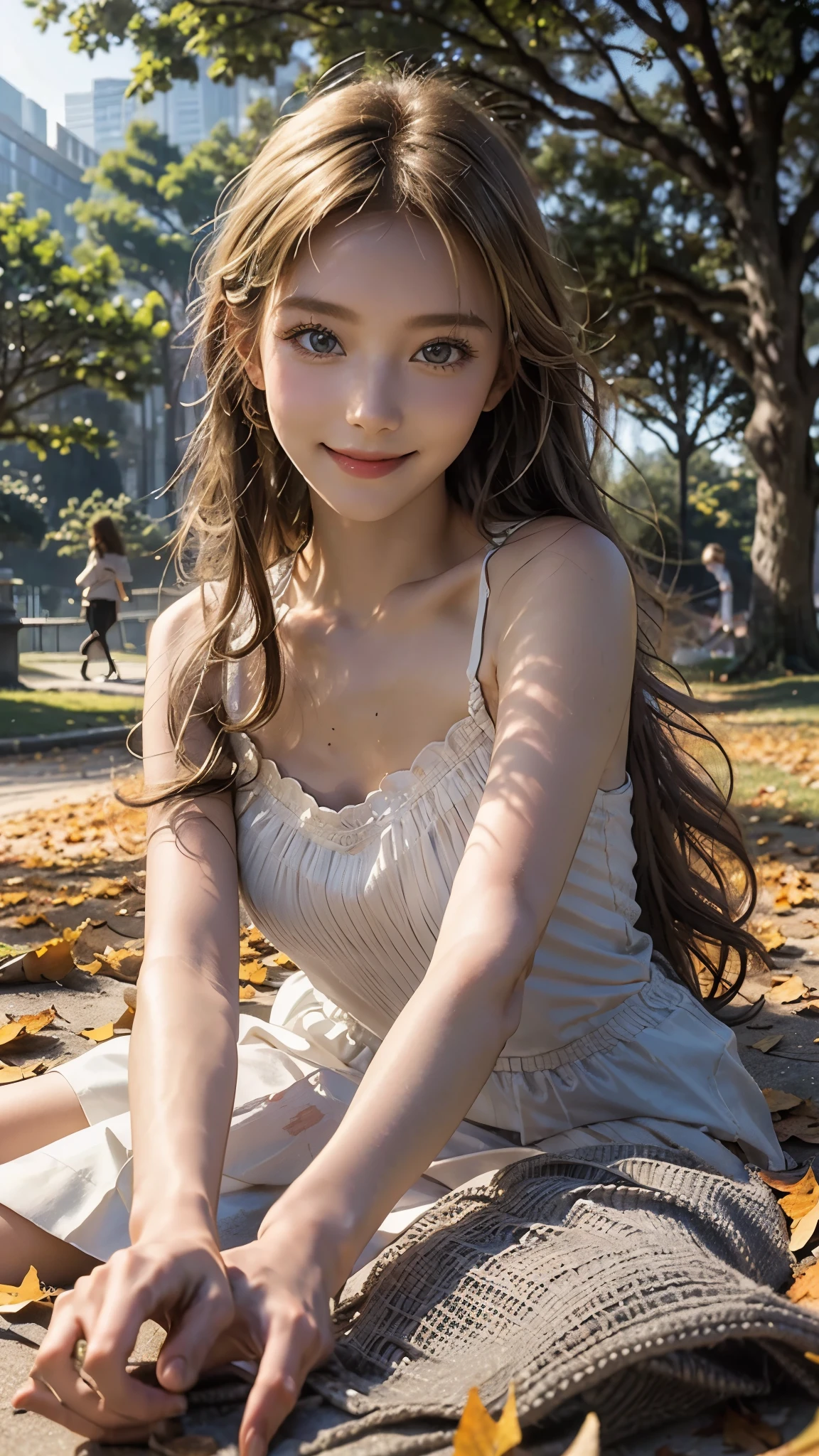 (photo realistic), highly detailed, Award-winning photography, Sharp focus,
A beautiful Scandinavian woman,
extraordinarily beautiful face, blonde,
She is sitting pettan on the ground in the park,
The ground is full of various fallen leaves,
Smiling with the best smile,