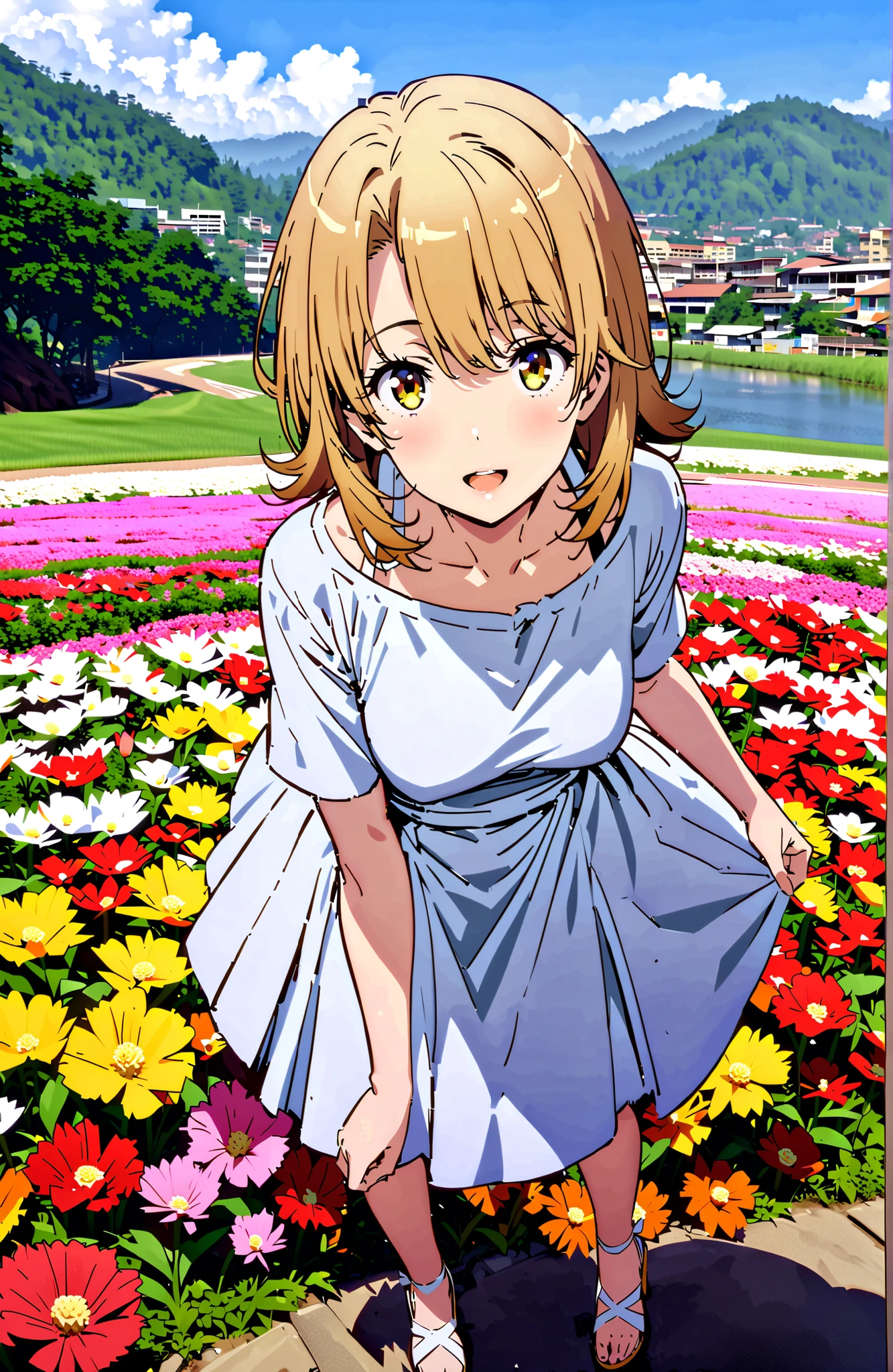 Irohaisshiki, Isshiki Iroha ,solo, short hair, brown hair, brown eyes,Medium breast,off-the-shoulder white dress,smile,cover,open your mouth,Glowing Skin,Short sleeve, white long skirt,Heeled Sandals,Flower Field, Compa,Mountain,river,standing,full bodyがイラストに入るように,break outdoors,nature,
break looking at viewer,full body,
break (masterpiece:1.2),Best Quality ,Kampala,unity 8k 壁紙,(shape:0.8),( fine and beautiful eyes :1.6),It's a person ,full body写真,CG Details , (perfect hand,complete anatomy),