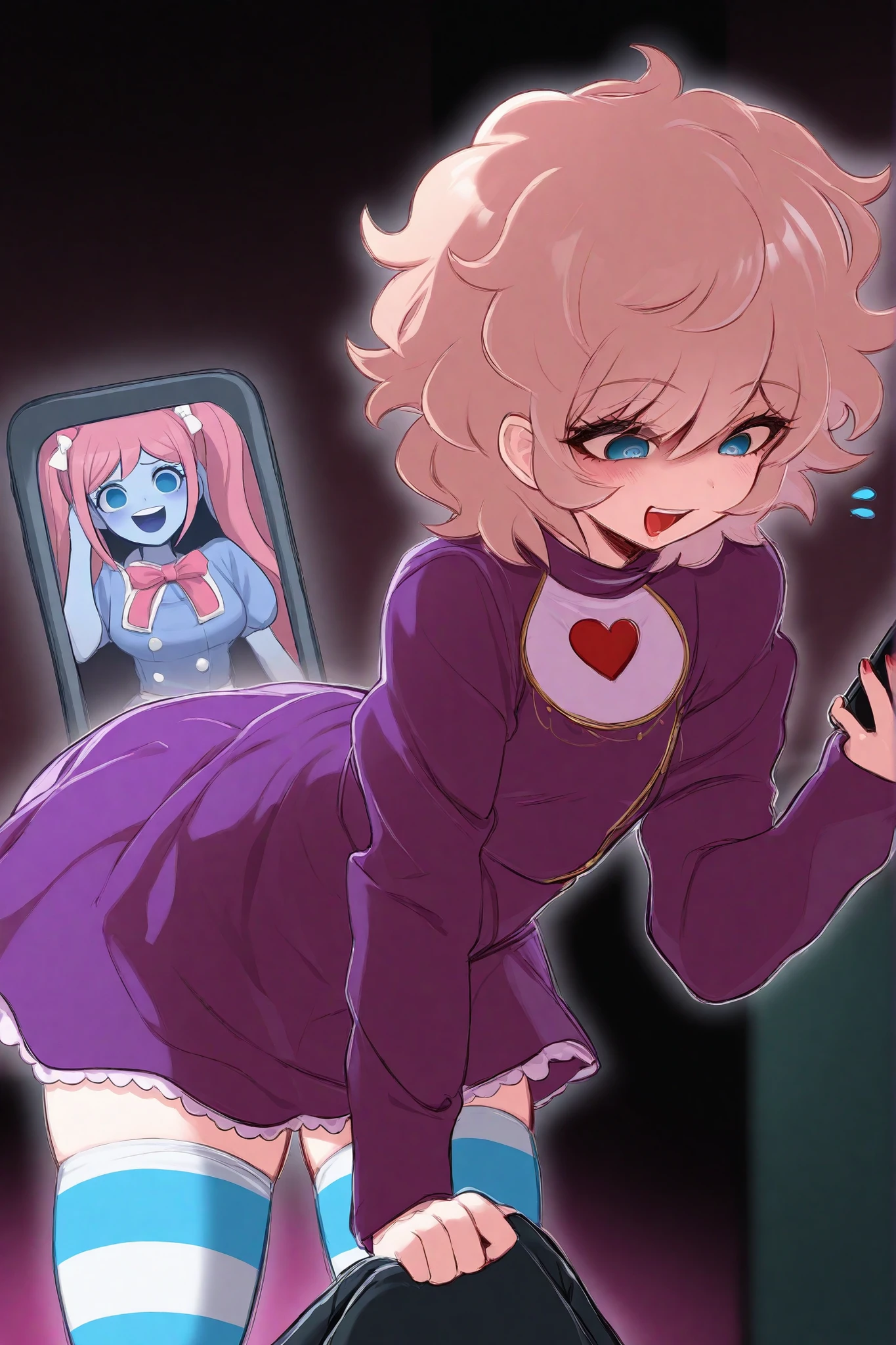anime emo gei boy with a rosa dress and striped stockings holding a cell phone, Vestido con volantes ((harapiento)), some rosa, en vestido, , sosteniendo una pose de pudica, muffet de Undertale, gapmoe Yandere, junko enoshima de danganronpa, ((rosa)), rosa girl, Yandere. alto, Yandere
