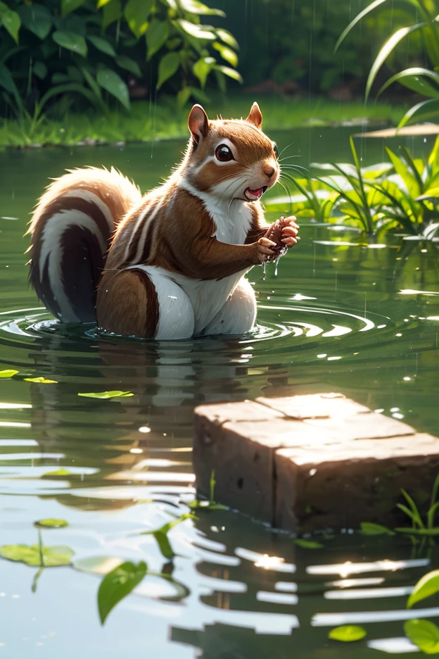 adventurous squirrel in river holding shiny diamond
