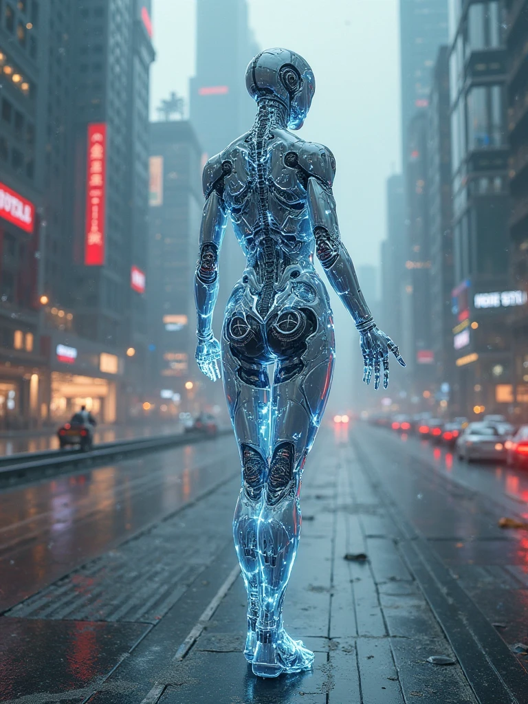 high-resolution female android, translucent body with luminous inner mechanics, glowing neural pathways, sleek and elegant cybernetic limbs, futuristic city backdrop, cinematic lighting, photorealism
