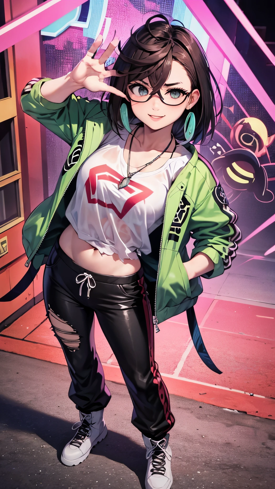 masterpiece, best quality, 1girl, solo, KoganeiDefault, green eyes, slit pupils, multicolored hair, blonde hair, black hair, long hair, side braid, parted bangs, sunglasses, chain necklace, black shirt, sleeveless, covered collarbone, see-through shirt, midriff peek, multicolored jacket, black jacket, print jacket, grey sweatpants, torn pants, lace-up boots, standing, full body, dutch angle, from above, eyewear on head, hand on hip, contrapposto, smile,