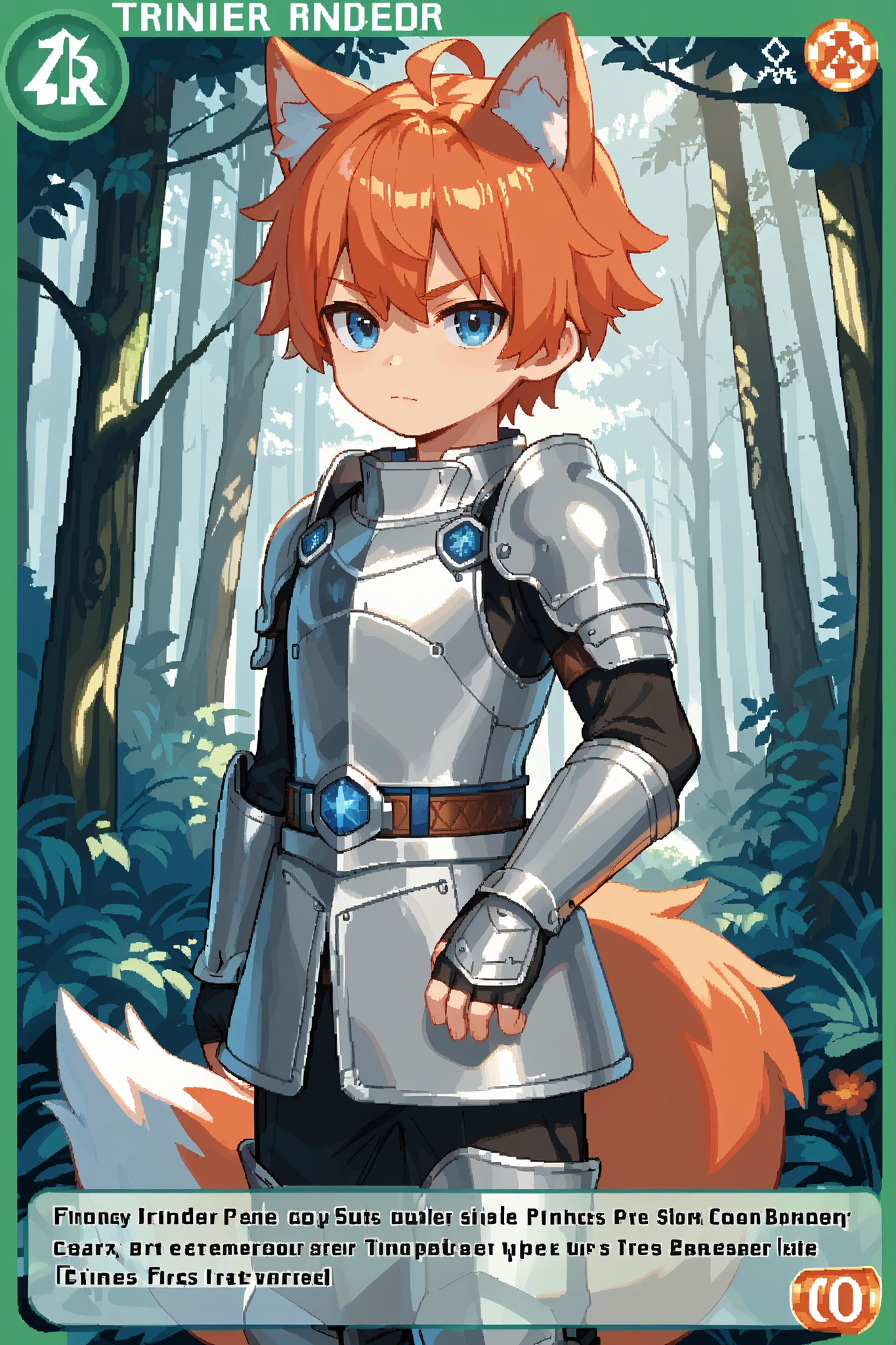 score_9, score_8_up, score_7_up, source_anime, solo, pixel art, tr4dingcard, card (medium), english_text, N, trading_card, white_trade_card_frames, kemonomimi, 1boy, solo, young boy BREAK
Fox ears and tail, orange hair, short hair, blue eyes BREAK
Knight armor, silver armor BREAK
Standing, looking at viewer, closed mouth, outdoors, (pinewood forest), trees, daytime BREAK