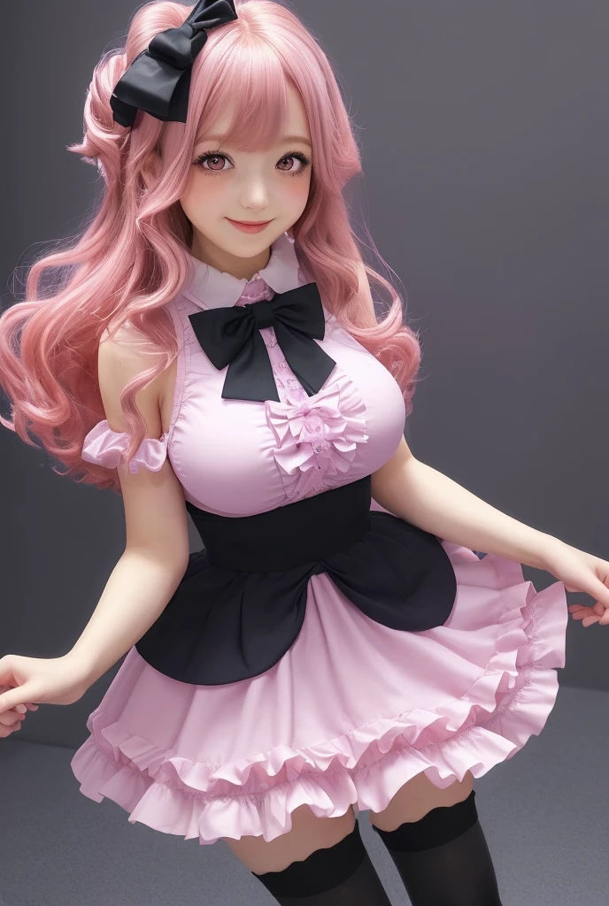 pink hair,long hair,wave hair,curly hair,large breasts,sexy pose,cosplay,maid uniform,panties,smiling,seductive smile, beautiful woman, masterpiece, extremely fine and beautiful, garter belt,(((lift up skirt))),((from below)),spread legs,maid apron