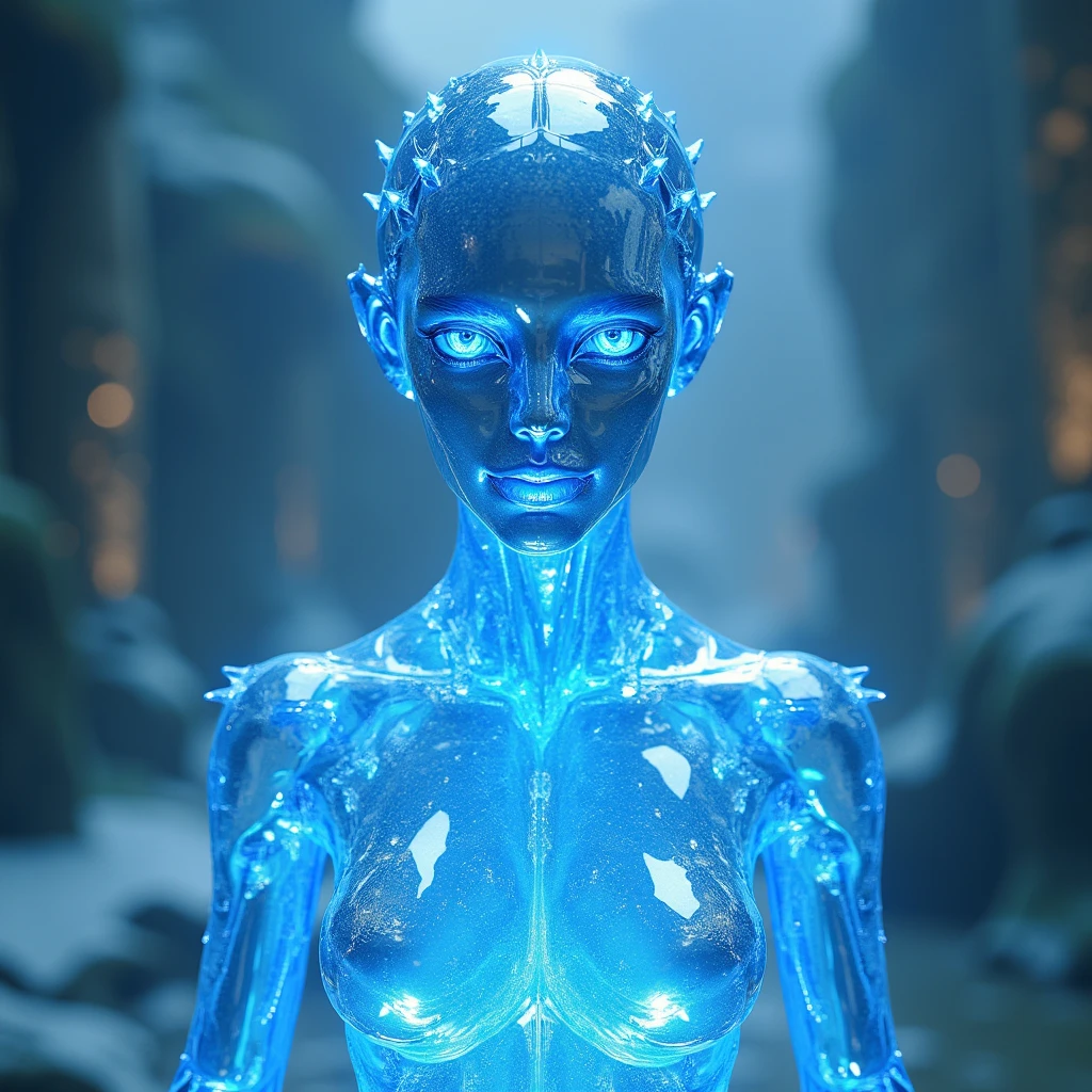 Android of a beautiful woman made of crystals。Blue body full of transparency、Sparkling blue eyes、realistic、Best Quality。