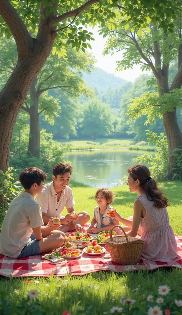 Outside, four people were sitting at a table eating, people on a picnic, camping, Family dinner, having picnic,  Joyful atmosphere, people outside eating meals, Family, istock, Handsome, family friendly, Happy family, lifestyle, illustration , exteriors, Camping tents,  Prairie blue sky