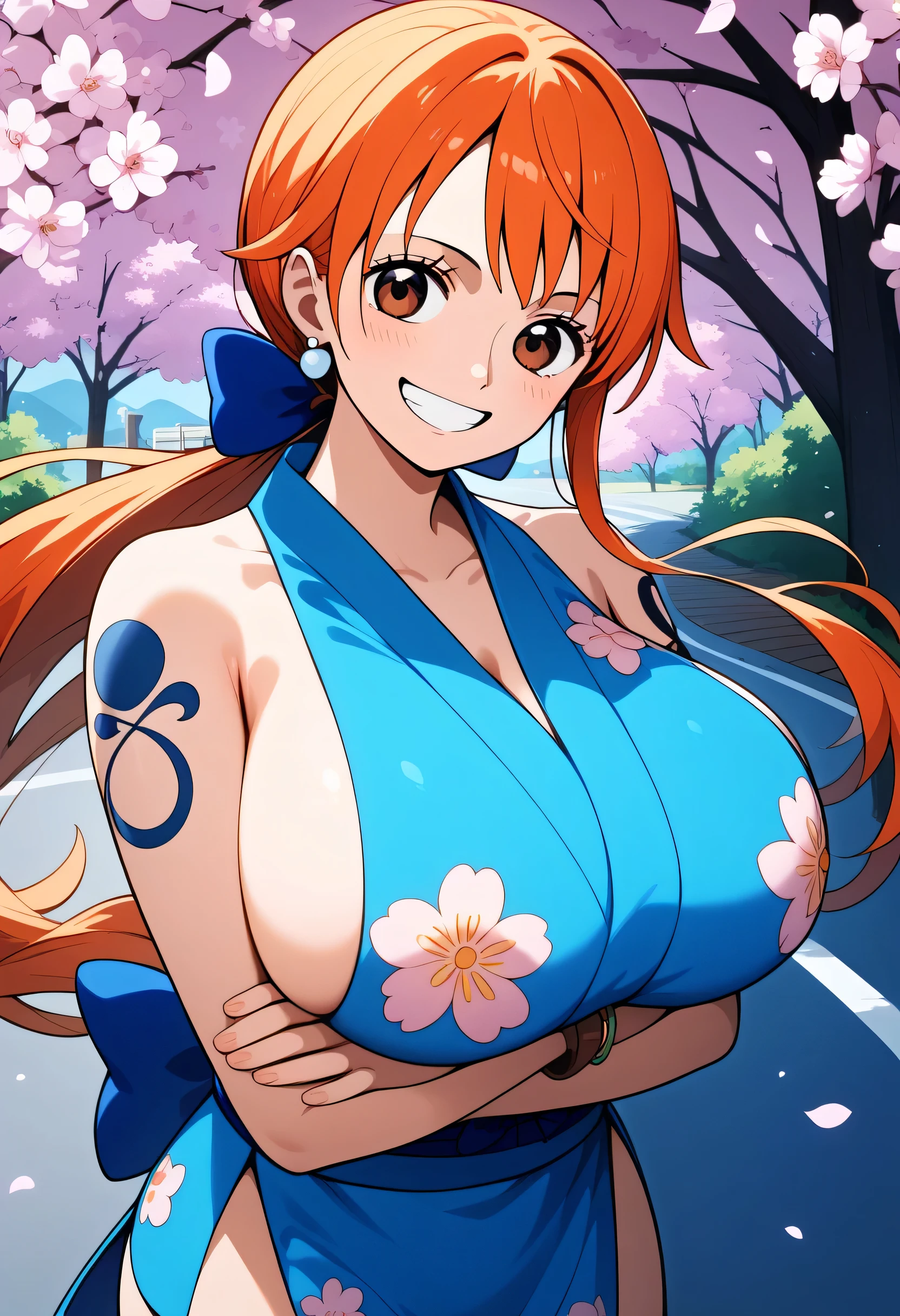 score_9, score_8_up, score_7_up, score_6_up, score_5_up, score_4_up, source_anime, Anami , long hair, orange hair in the wind, low ponytail for 2 people, hair bow, earrings, brown eyes, shoulder tattoo, chest, clavicle, bare shoulder,  Japanese Clothes,  short kimono, blue kimono, floral print, sleeveless, bracelet with clean teeth, band, heart, Cross Your Arms on Your Back, front tilt, standing, cowboy shot, smile, close your mouth, happy, Outdoors, cherry blossoms, road,  popup, too big chewy ,hyper breasts