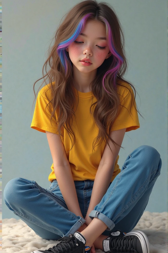 very detailed and shiny cinematic photo, hyper realistic airbrush art, portrait of an Indonesian woman with caramel skin, short messy hair the color of the rainbow, wearing a white t-shirt, short jeans, Converse shoes. soft natural lighting, portrait photography, 85mm lens, front lights, dynamic pose, magic photography, dramatic lighting, ultra-detail, intimate portrait composition, front light, smiling, sharp focus, volumetric lighting, rainbow paint, gorgeous lighting