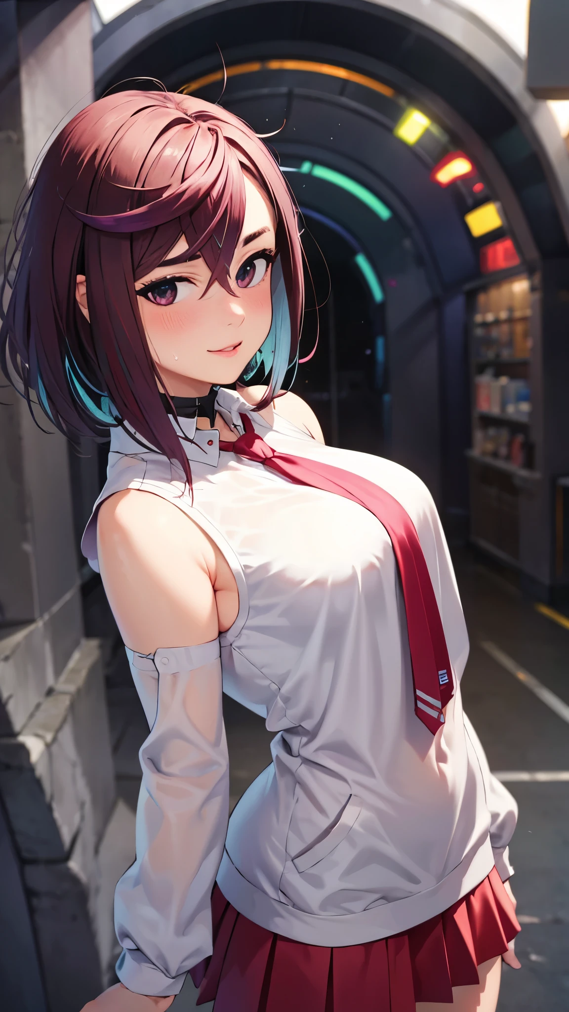 1 Female,High definition,high resolution,Ultra-realistic,8K, hy1, hair ornament, multicolored hair, necktie, skirt, sleeveless, , pink skirt, tight skirt,miniskirt, jewelry,European,sexy,Upper body close-up,Photographed from the front,Dynamic Angles,blush, medium , happy, wink the eye,facial, sweat,multicolored hair