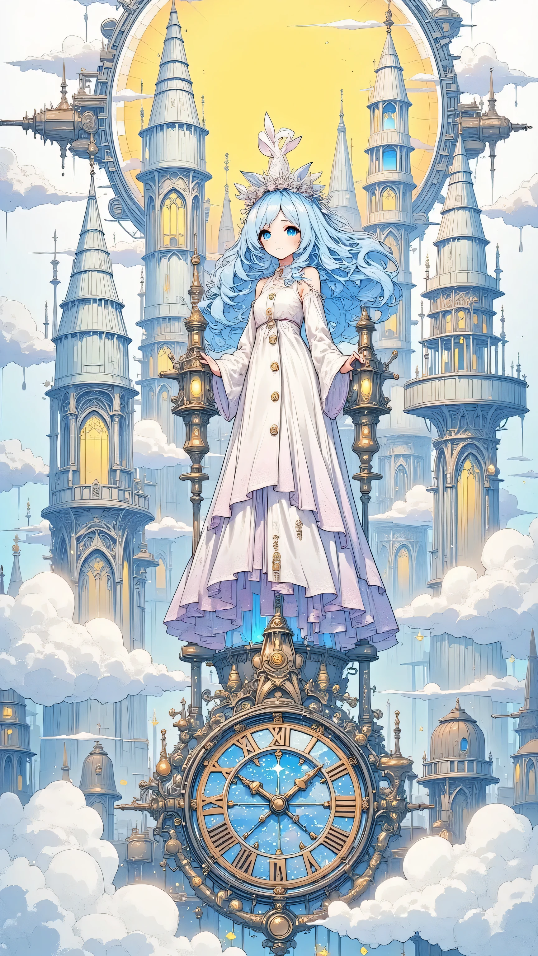 A panoramic view of a floating magical city suspended above the clouds. Ancient towers, glowing runes, airships gliding through the mist. The architecture blends gothic spires with crystalline structures. A warm light bathes the city as the sun sets. View from a distance, epic and dreamy. --ar 16:9 --v 5 --style cinematic