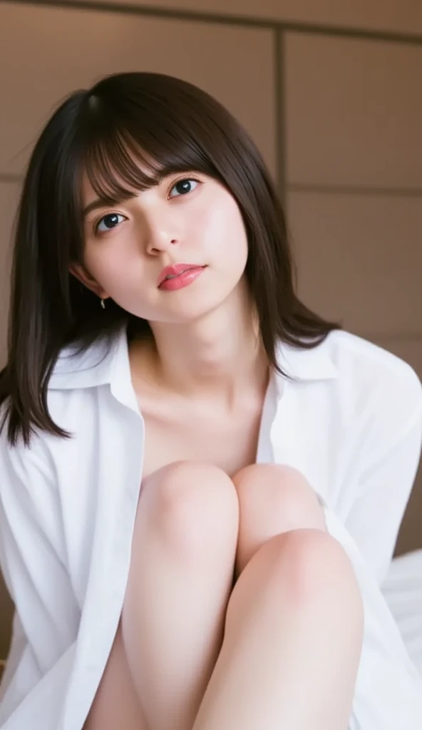 白パンティ透け、(((masterpiece))), (((Highest quality: 1.4))), ((Very detailed: 1.4)) , (Full Body Shot), Mature Japanese , (alone: 1.3), From above, Sitting, M-shaped legs, Small breasts, (Super realistic black pantyhose: 1.3), White panties and pantyhose are visible, Very beautiful 17 year old girl, No shoes, (blush: 1.3), Shy big eyes, (short (Brown hair parting), (bangs), Messy Hair, (hairpin), Lying on white sheets), Looking into the camera, look white, White underwear, expensive Blazer, expensive cut white shirt, expensive Blue Ribbon, expensive , Checkered and navy pleated skirt, Mycotrose, Long brown hair, Brown eyes