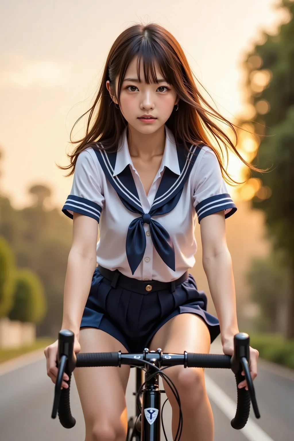 nsfw:1.5, (((high-resolution photo))), (((photorealistic style))), high school girl riding a bicycle uphill, wearing a short summer sailor uniform, super mini skirt, standing while pedaling, (wind blowing her skirt slightly), thighs tensed from effort, sweat visible on her face and back, sunset lighting, flushed cheeks, hair fluttering in the wind, (photorealistic style), (((Oblique front low angle shot))), G-string white panties, (strong wind blew her skirt up)