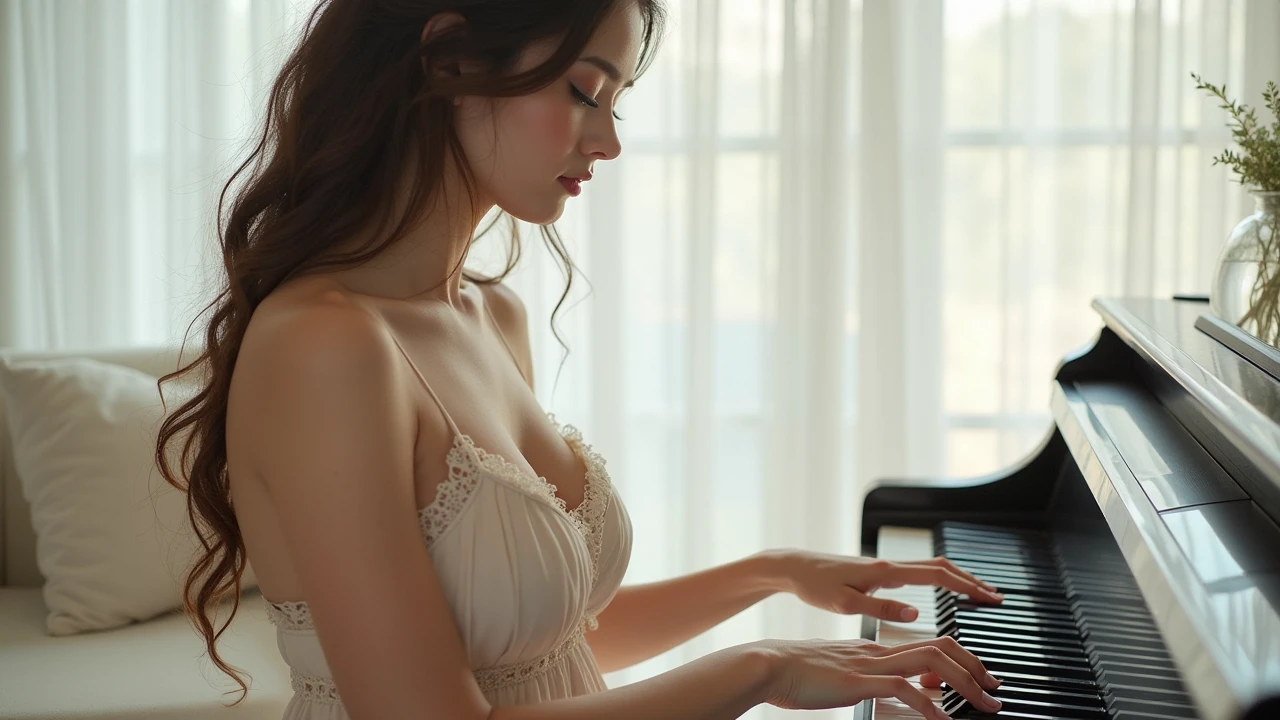 1girl, beautiful, perfect smooth skin, solo, close-up view, sitting, learning piano, interiors, intricate details, in a studio, perfect lighting,