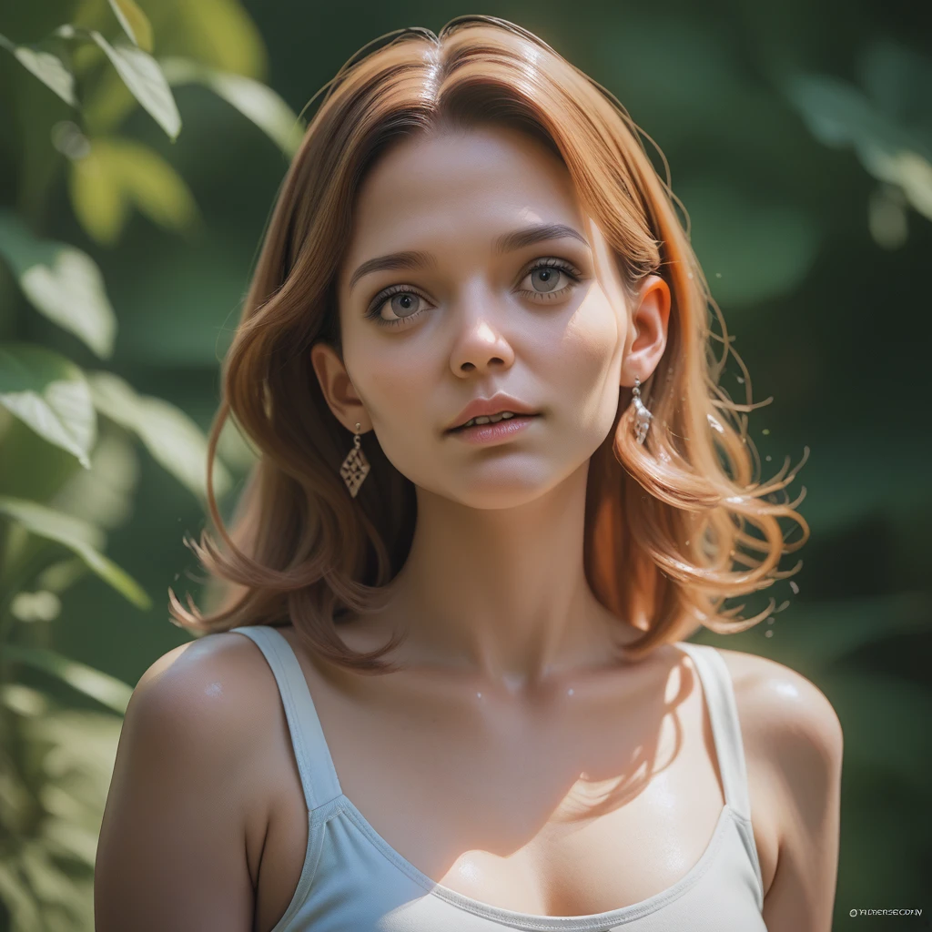 ((Mulher de 18 anos, rosto delicado, pele clara, cabelos dourados, olhos azuis), (Beira do lago na floresta, Brisa suave, a sense of tranquility), (poses sedutoras