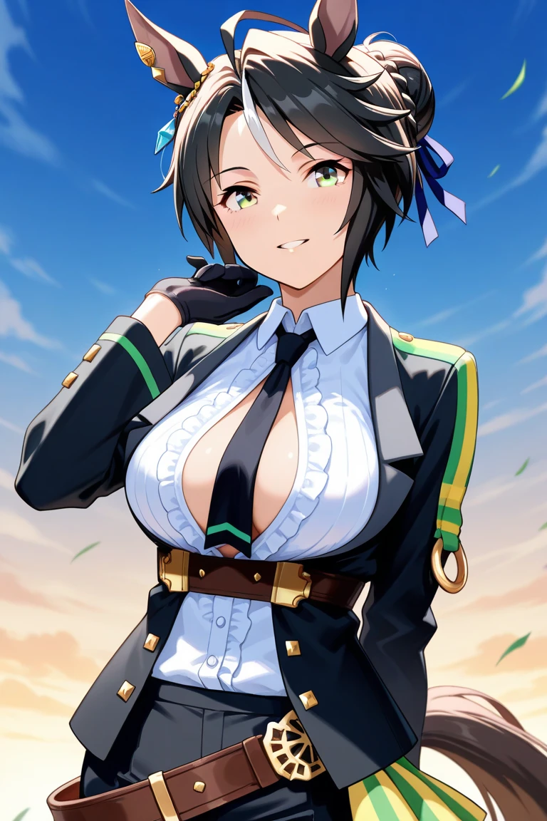 1girl,18yo,perfect hands, perfect finger,perfect anatomy, masterpiece, best quality,realistic, hyperrealistic, 16k hdr,, aamii, short hair, black hair, blue eyes, (glasses), (random sailor senshi uniform,ultra miniskirt:1.3),outdoor,standing,(sweat:1.1),(happy smile),large breasts,cleavage,erected nipples,(sexy pose:1.2),spread legs,from below,navel,