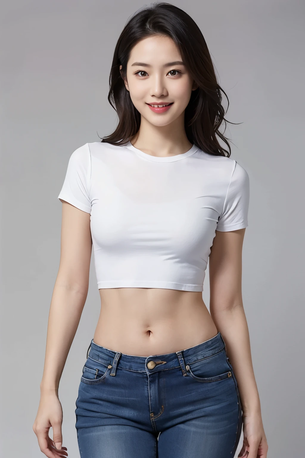 (realistic:1.2), solo, Asian woman, white t-shirt, tight shirt, crop top, midriff, navel, jeans, smile, gray background