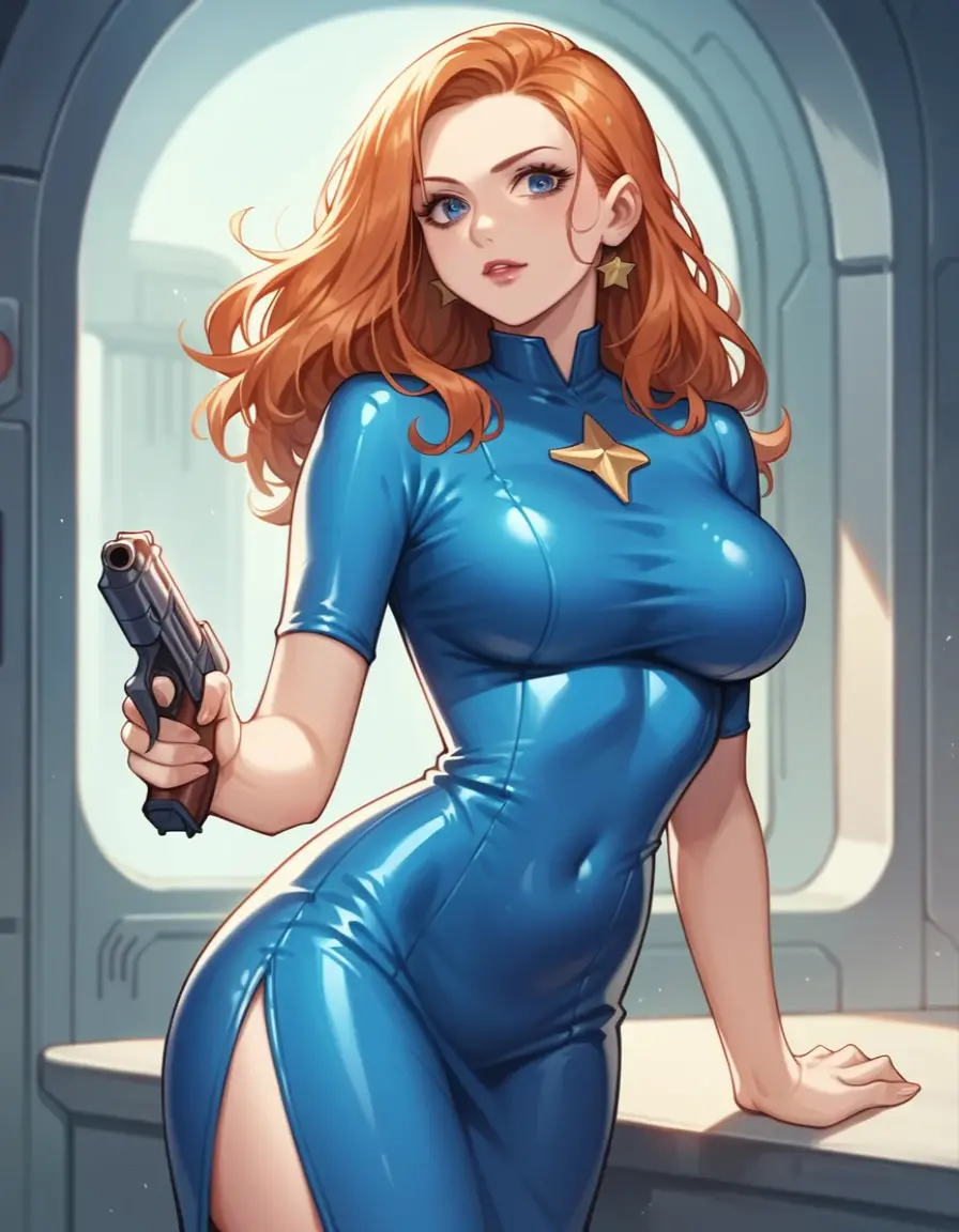 (masterpiece, best quality:1.4), ultra-detailed, finely detailed, intricate details, smooth lighting, (depth of field, cowboy shot), realistic, perfect female form, flirty, teasing, stewardess, standing, (perfect face, detailed face), pink lips, glossy lips, eyeliner, blush, makeup, (expressive eyes), (red hair, curly hair), (natural breasts, cleavage), curvy body, enchanting smile, (stewardess uniform, leotard, bare legs), (pilot cap), (outstretched arms), (belt), ((matching boots, diffraction spikes, light particles, powering up, glow)), full body shot, spins fast in place like a tornado, time warp