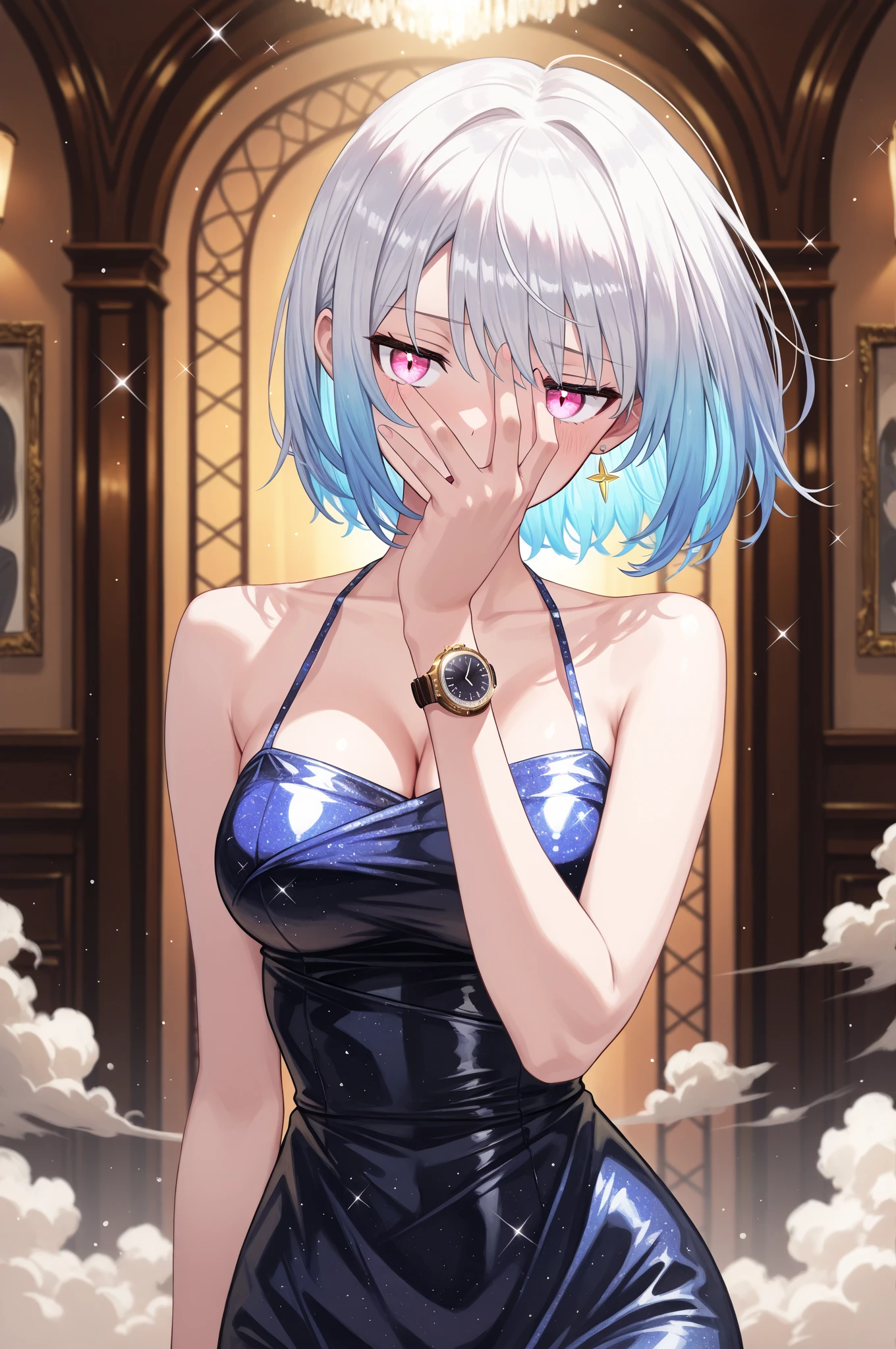 sovetsky_Soyuz, grey hair,messy hair bun, choker, necklace, bracelets, earring, bare shoulder, thighs, black dress, luxury dress, thigh holster, high heels, large breasts, cleavage, first rate breasts, grey eyes, sharp eyes, Long eyelashes, symmetrical eyes, eye shadow, ominous vibe, expressionless, smug, Smirking, anime, aesthetic, Anime screenshot, Ultra quality, UHD, high detail, night, ballroom, champagne, party