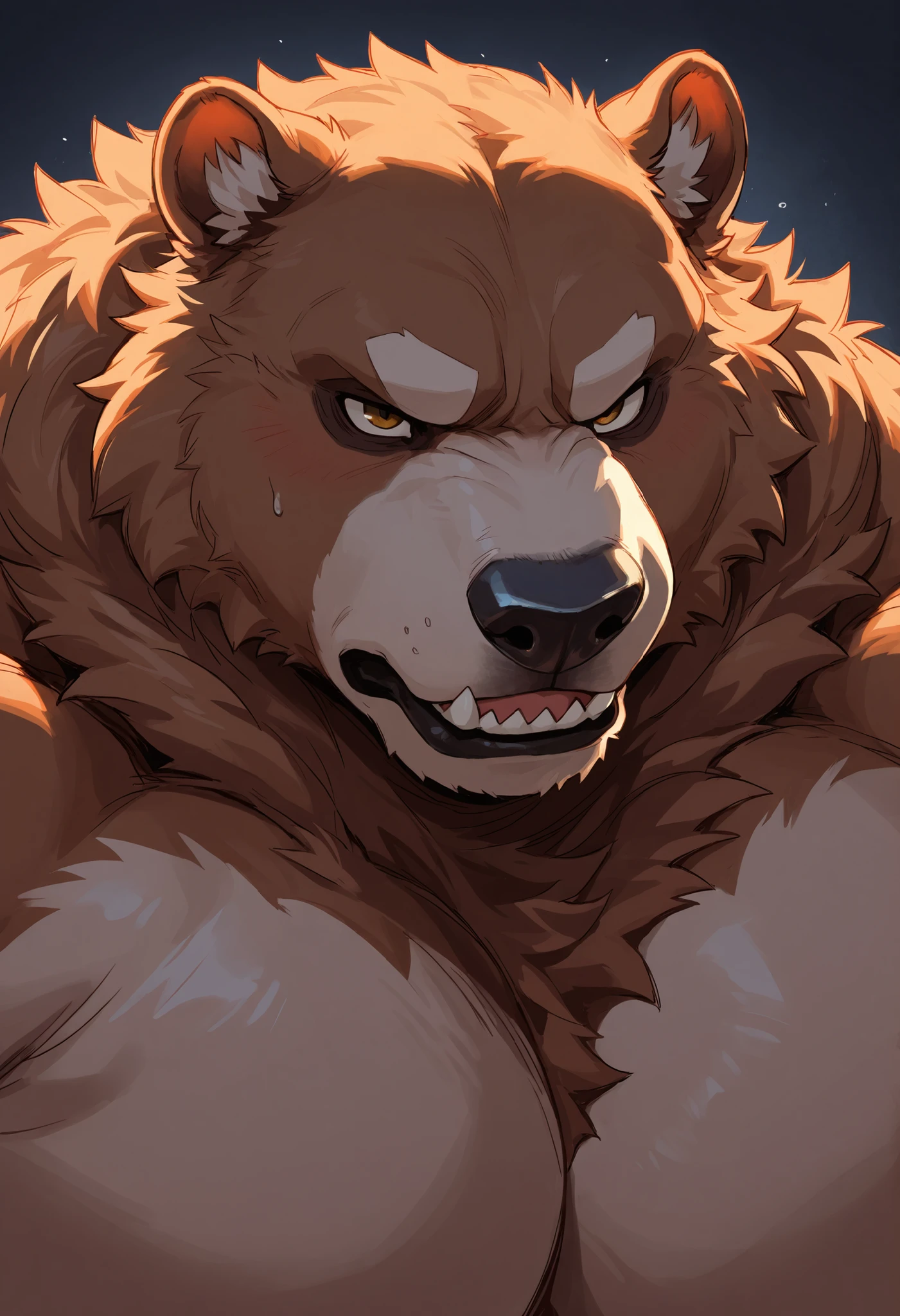 male,Bear,Middle-aged and elderly,fat,Brown fur,hairy,black beard,high quality,high resolution,High Detail,Look forward,Reach out,Upper body nudity