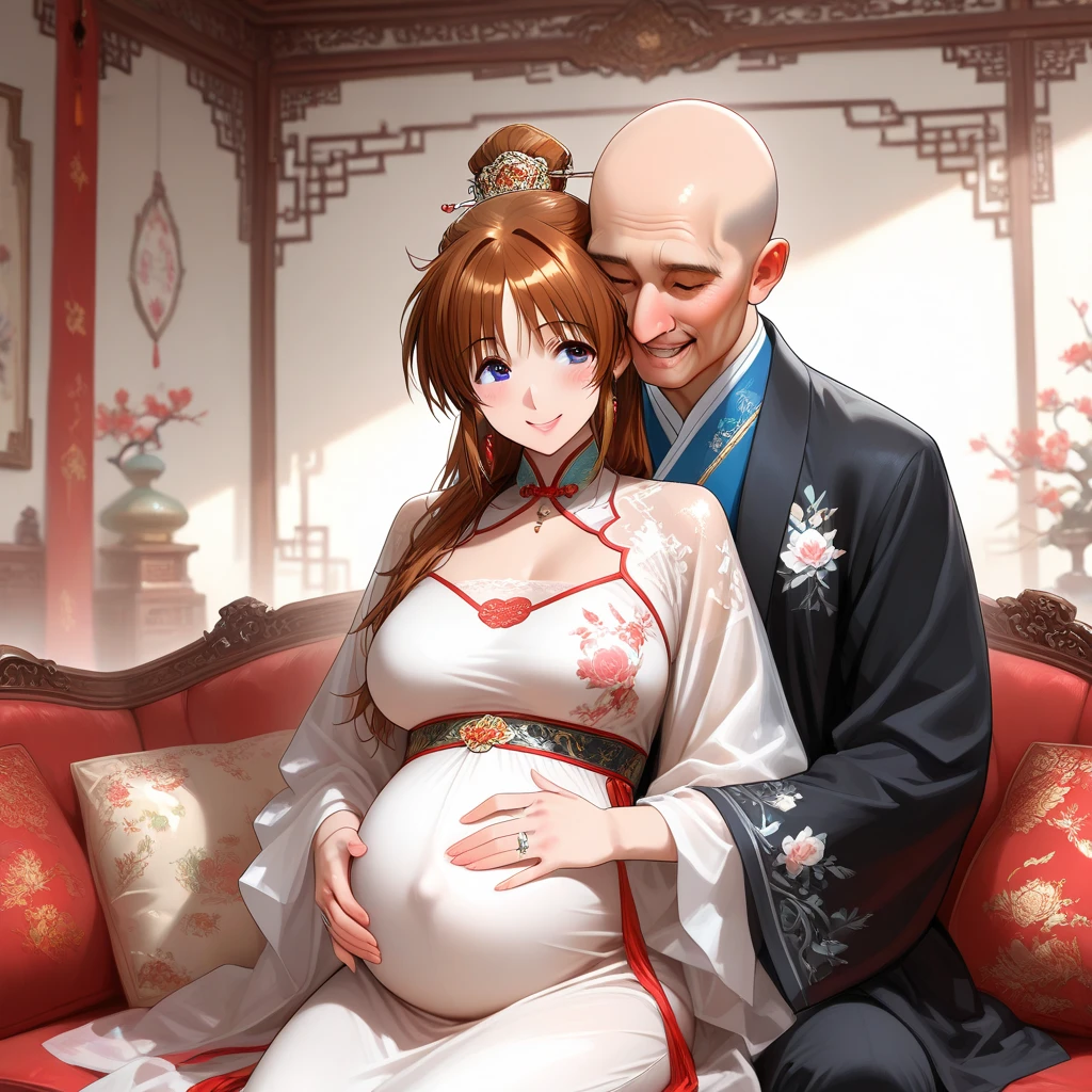 ((Highest quality)), ((masterpiece)), (detailed), (Perfect Face)、The woman is a Chinese girl named Tsukino Usagi, dressed in a gorgeous, glittering red Hanfu outfit with lots of gold embroidery, a gorgeous hair ornament, gorgeous jeweled accessories and an engagement ring. The woman and the man are sitting on a gorgeous, large sofa in a gorgeous room, and the woman is being embraced by a dignified, middle-aged Chinese man dressed in Hanfu, who is touching her breasts and crotch and kissing her.、The woman is the elegant Tsukino Usagi, a Chinese woman with long blonde hair in a chignon twin tail and wearing a red Hanfu with gorgeous gold embroidery all over it.、the woman is pregnant