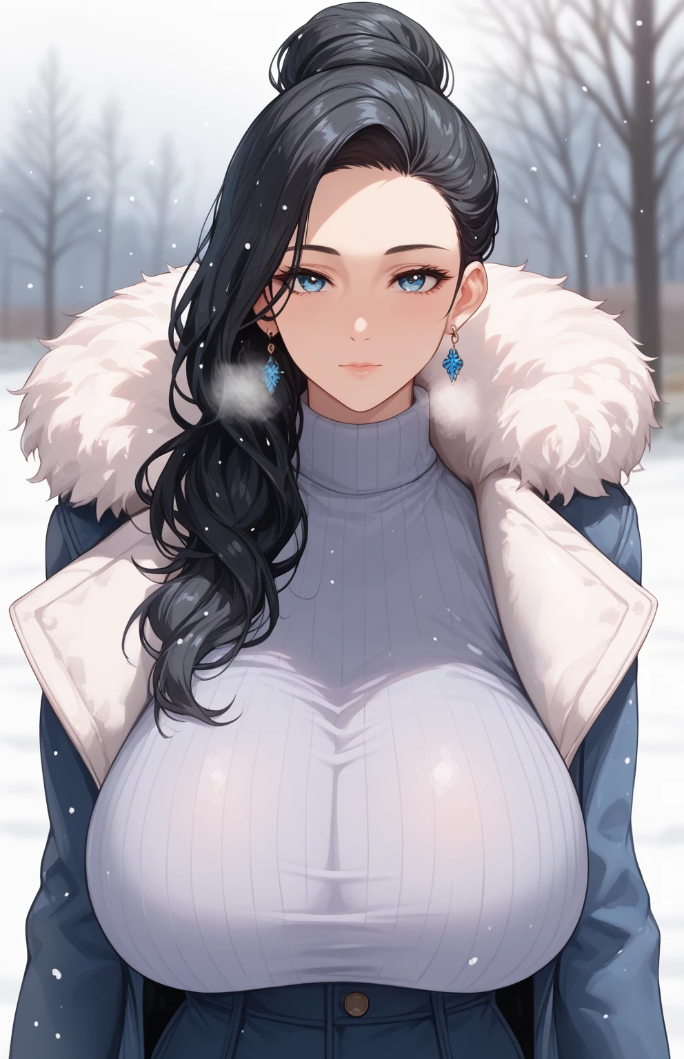 score_9, score_8_up, score_7_up, score_6_up, score_5_up, score_4_up, BREAK 1girl, black hair, loose hair, blue eyes, long eyelashes, confused expression, bent over, blunt bangs, adult, BREAK solo, large breasts, adult, skinny, arched back, thigh gap, princess outfit, BREAK (snowy background:1.2), simple background, innocent, lovely, adorable,