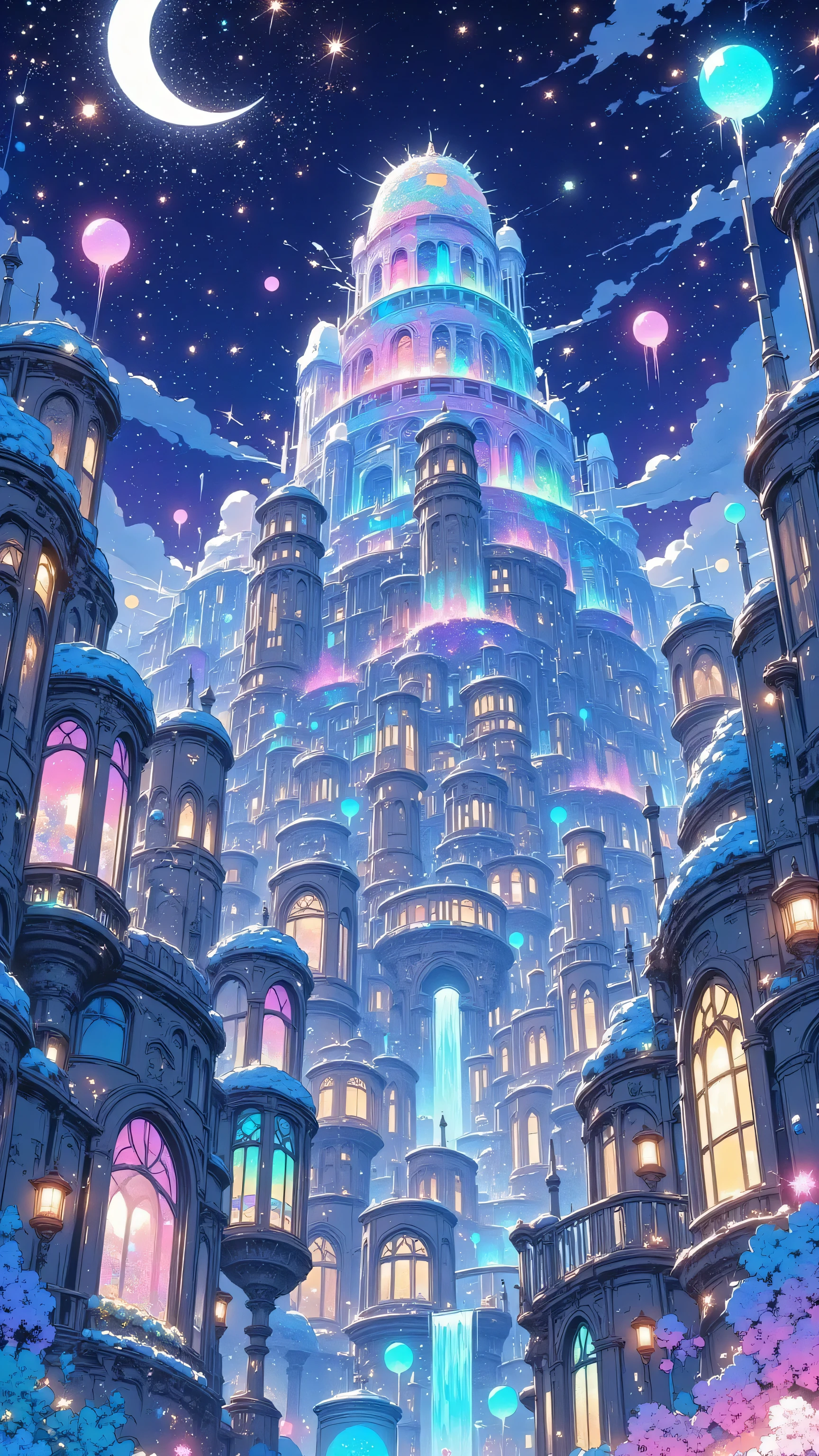 Wide-angle night view of a magical city built into a mountain slope, filled with glowing orbs, arcane symbols in the sky, and winding paths. Starry sky above, soft lights from windows and streetlamps below. The air shimmers with magical particles. A peaceful yet mysterious ambiance. --ar 3:2 --v 5