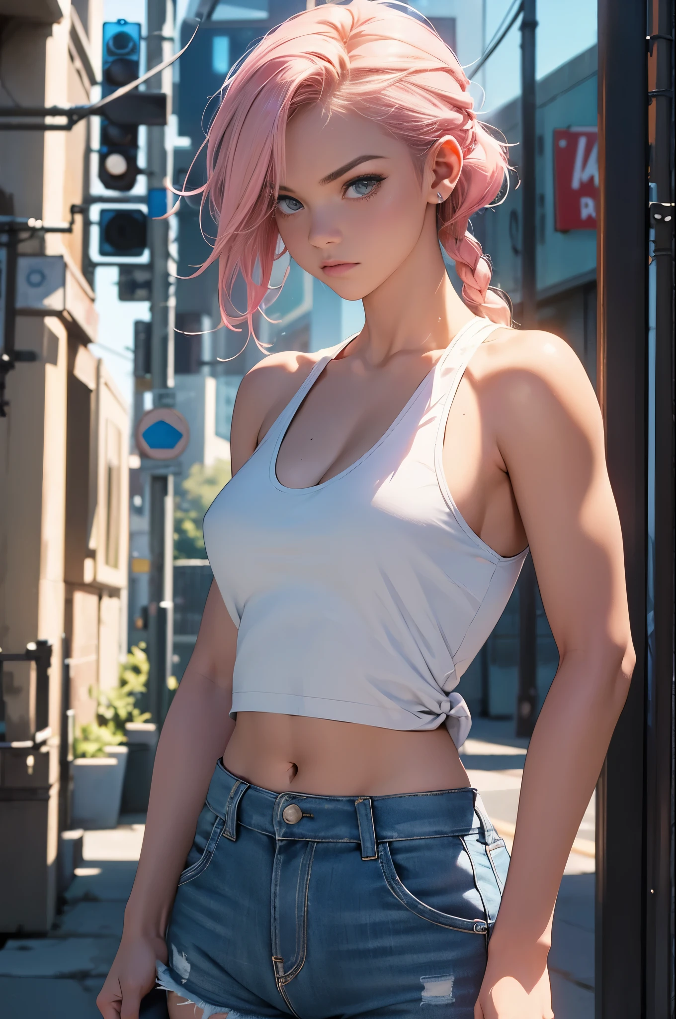 Girl with pink hair, , Beautiful athletic body, leather shorts and tank top, Choker