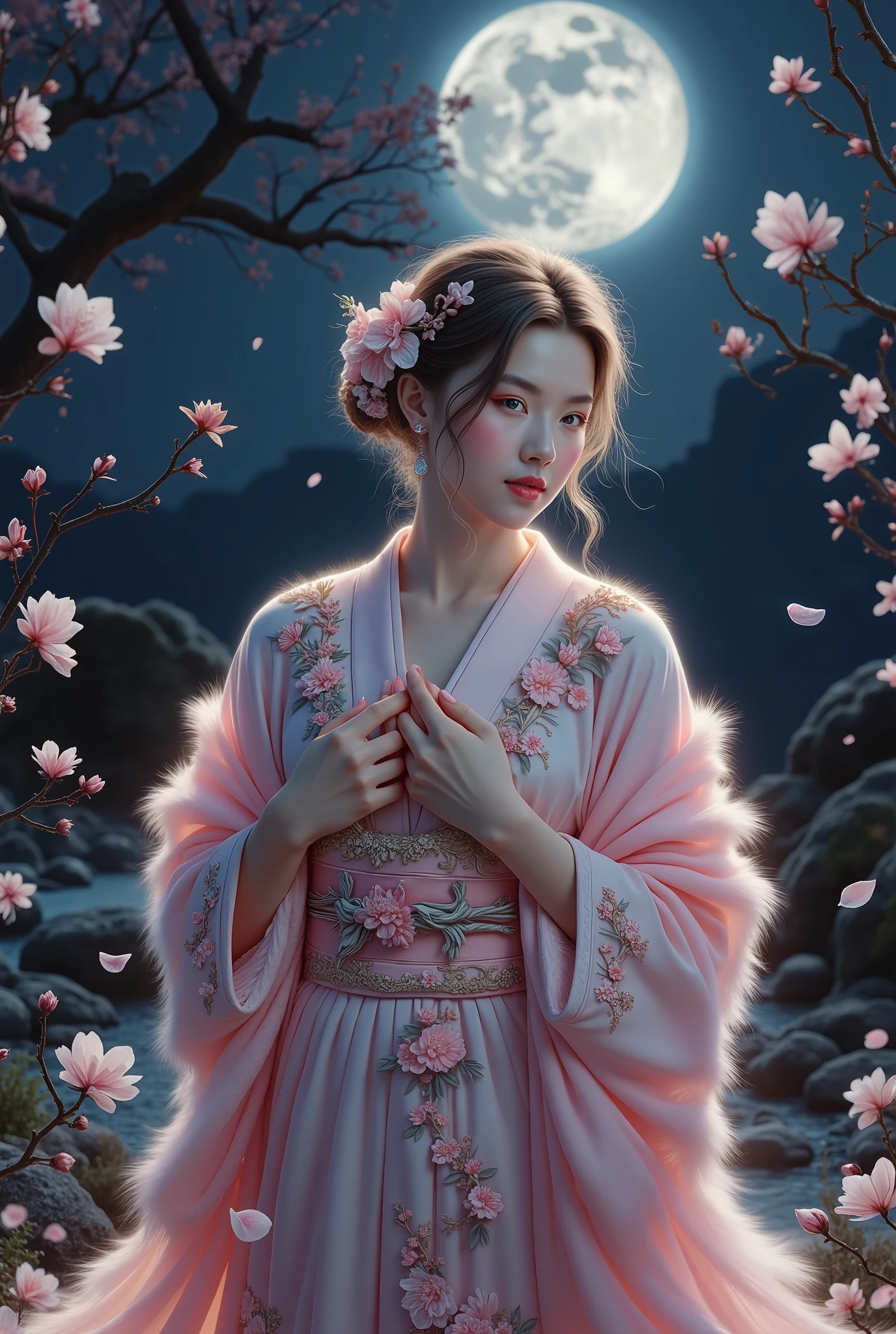 (soft pink kimono with delicate floral embroidery, flowing translucent shawl, subtle golden hairpin)
(gracefully tilting head upward, eyes reflecting sunlight, serene expression, hands gently touching collar, long hair slightly swaying in the breeze)
(mystical night scenery, full moon casting ethereal glow on face, illuminated cherry blossoms, petals drifting in the air, dark surroundings enhancing the luminous contrast)
,UHD, retina, masterpiece, accurate, anatomically correct, textured skin, super detail, high details, high quality, award winning, best quality, highres, 1080P, 16k,Kimono_FuturEvoLab