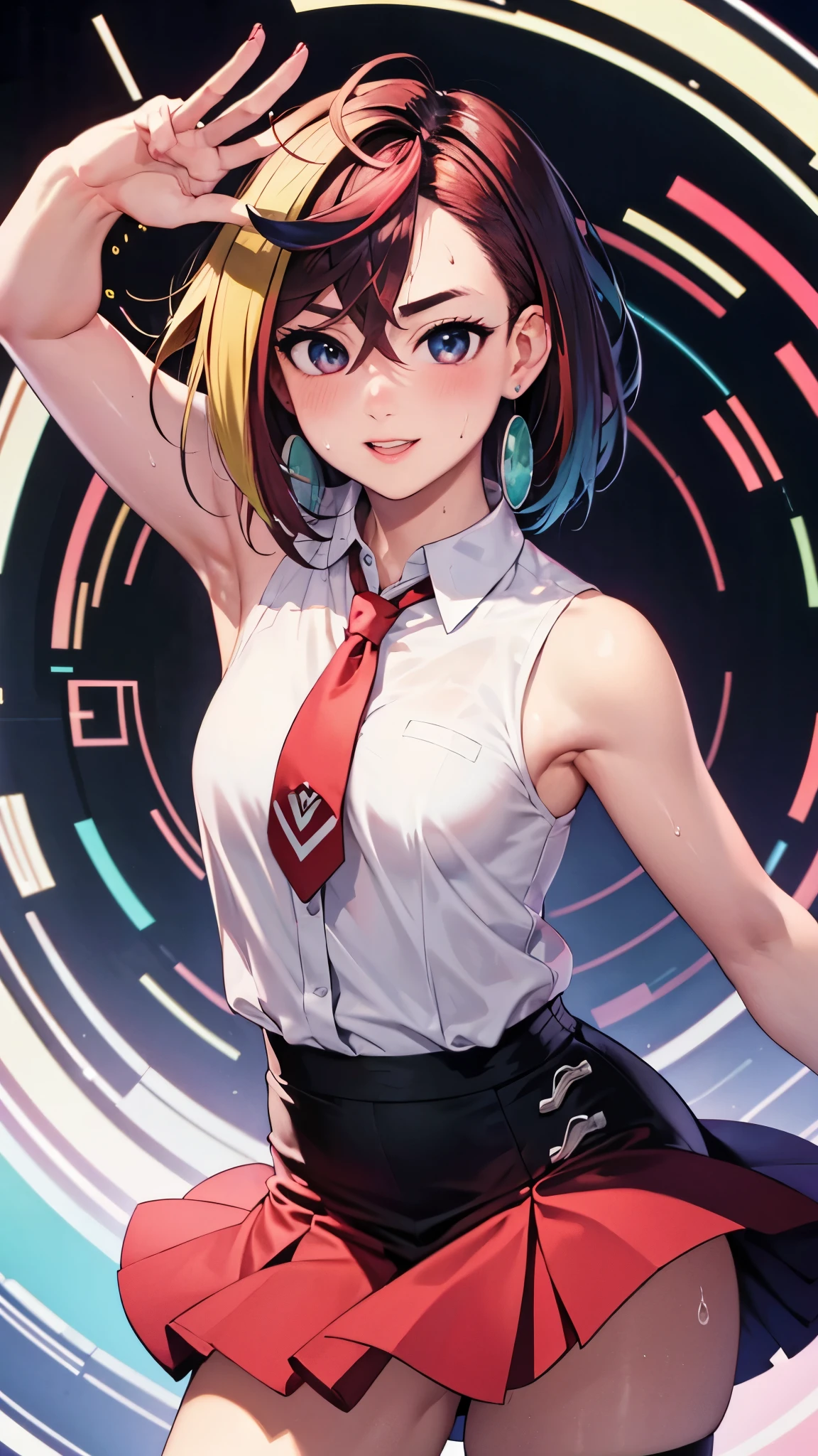 1 Female,High definition,high resolution,Ultra-realistic,8K, hy1, hair ornament, multicolored hair, necktie, skirt, sleeveless, , pink skirt, tight skirt,miniskirt, jewelry,European,sexy,Upper body close-up,Photographed from the front,Dynamic Angles,blush, medium , happy, wink the eye,facial, sweat,multicolored hair