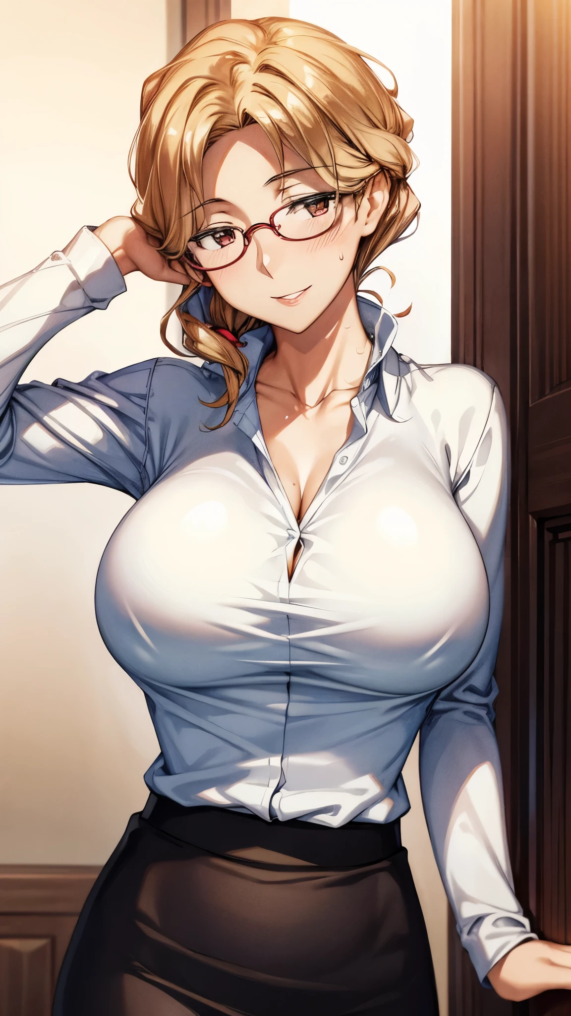 （super quality,Ultra High Definition,16k,Super Masterpiece,Ultra HD ,detailed shading and background,） upper body shot from below,sexy mature woman, Gold,glasses,sexy white shirt with folded sleeves,tight tight skirt,cleavage,necklace,Big Breasts,cover,A sweet smile,thick lips with Nozomi,red lipstick,sweaty hands and chest,dark background,Coming out of the door,place one hand on the side of your head,