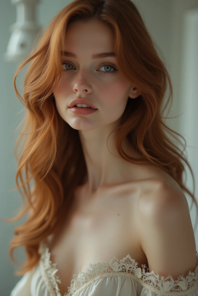 Artistic full body  of beautiful redheaded model with bare brea shaved pubic hairs.