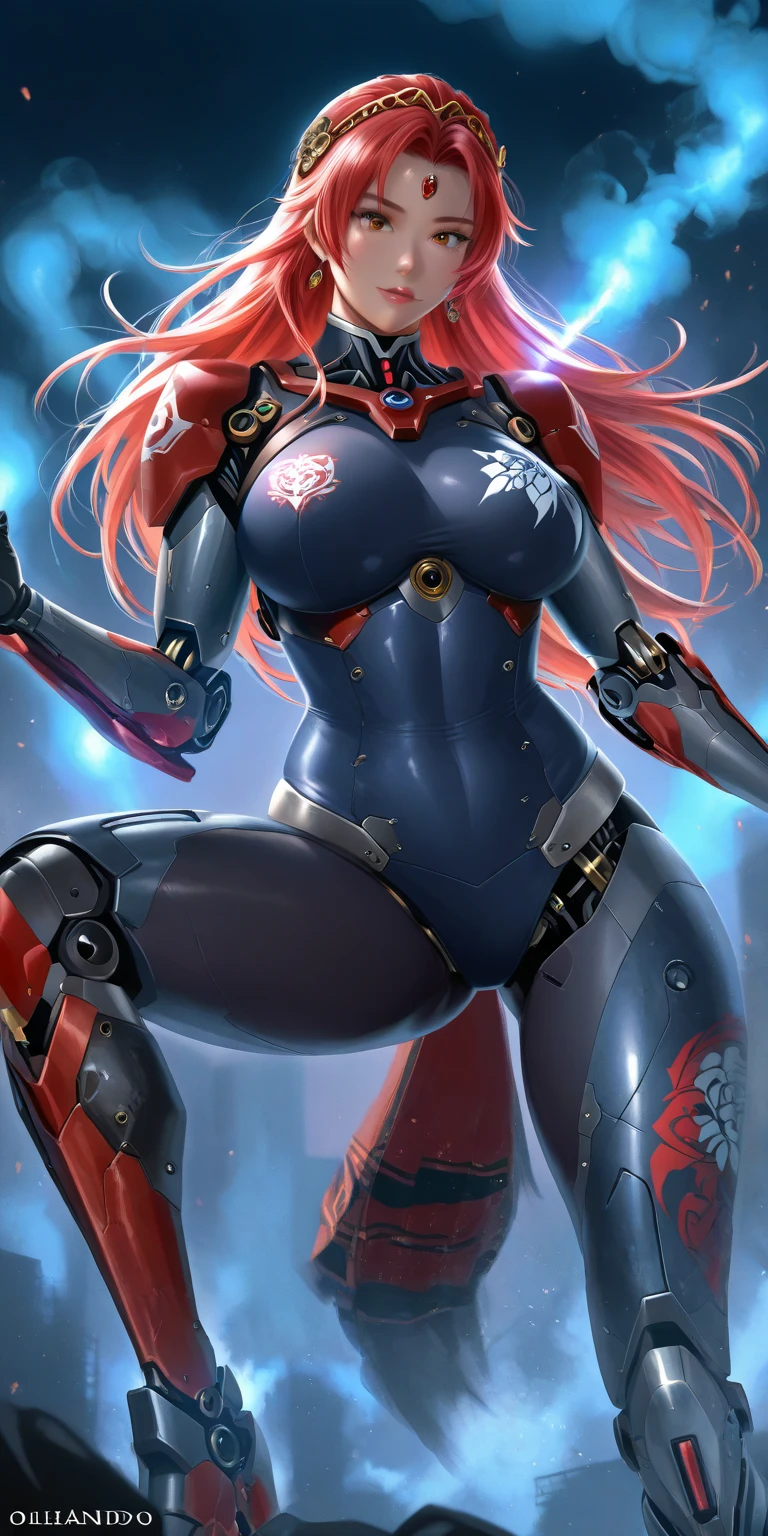 A beautiful woman, (hands behind head) , 1 girl, (( mecha)), sexy body figure, long legs, large breasts, (cleavage), busty, beautiful face, Vanessa Kirby, milf, age 28, royal, long blonde color hair, pony tail, helmet, fine armor, futuristic armor, sci fi, intricate armor details, red and black color armor, night time, dark city, neon lights, a woman, in a (sexy pose, seductive, flirty) , designed by Gucci::3, tumblr, (inspired by Yanjun Cheng style), digital art, meme lofi internet girl, trend in dezeen, catalog photo, 3 d render beeple, rhads and lois van baarle, cartoon style illustration, (bright pastel colors), a beautiful art illustration, anime girl --ar 2:3 --q 2