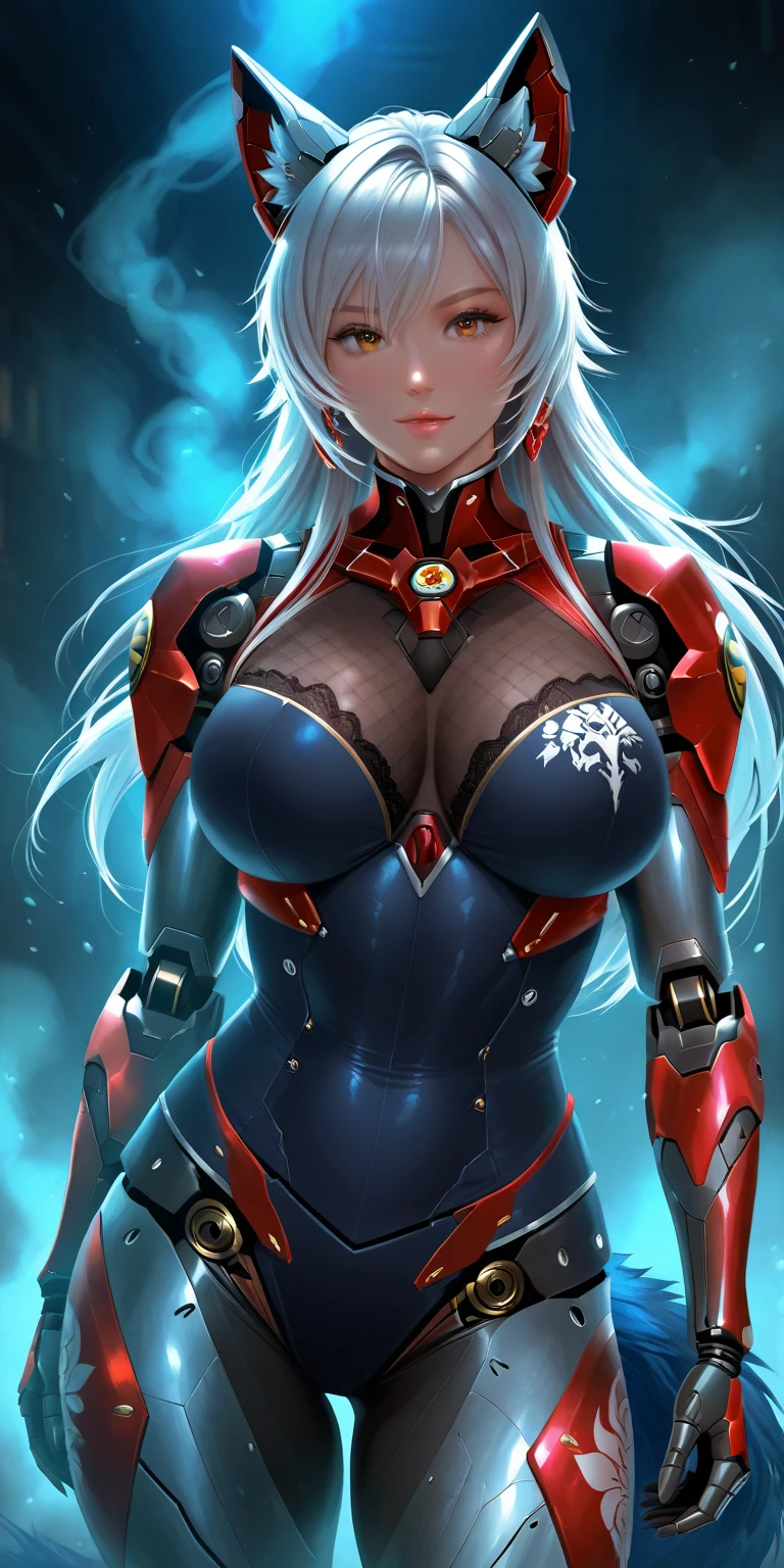 sexy  pose,top-quality、8K Masterpiece、超A high resolution、(Photorealsitic:1.3)、1 live child、red silver hair、glowy skin、1 Cyberpunk big breasted super beautiful soldier、((super realistic details))、portlate、globalillumination、Shadow、octan render、8K、ultrasharp、beauty breast、Raw skin exposed in the cleavage、metals、cold color、、highly intricate detail、Realistic light、CGSoation Trend beautiful eyes、Eyes shining towards the camera、neon detaileautiful expression,red and silver sexy costume,a smile,