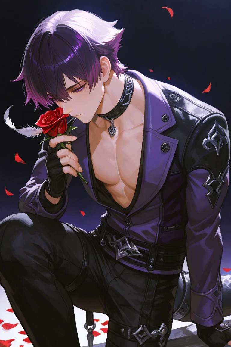 Ultra detailed, Highres, absurdres, HDR, master piece, Sebastian Michaelis, black hair, expressive red eyes, Kuroshitsuji, sexy man holding a microphone, sitting, solo, rocker, black rocker clothes with trimmings, red petals, glittering, black gloves, red flowers, sensual, fantasy, idol stage, concert, toned chest, manly man, handsome smile, visual kei, close up, black cap, black pants, Black Butler,